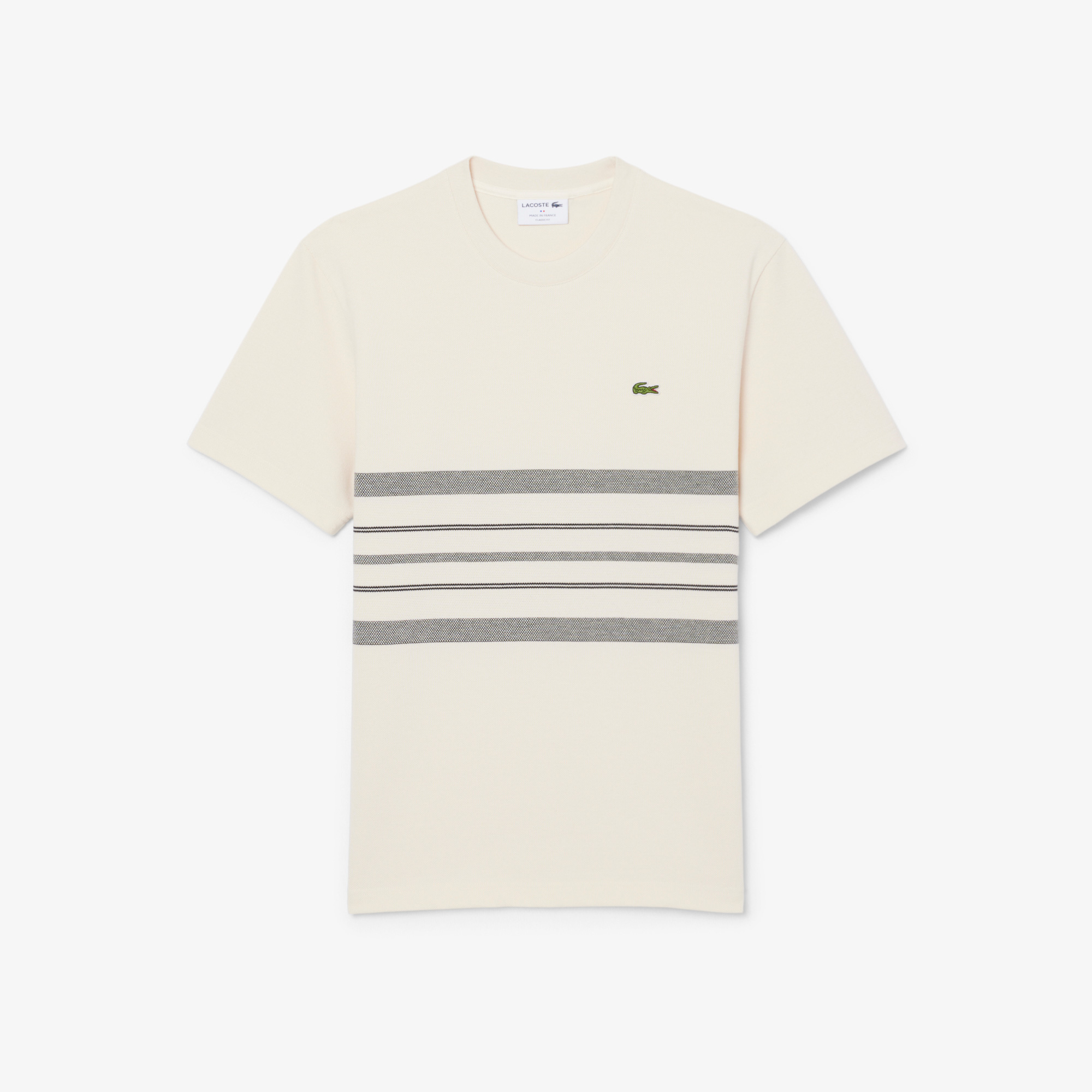 Lacoste Erkek Classic Fit Bisiklet Yaka Çizgili Krem T-Shirt görsel 5