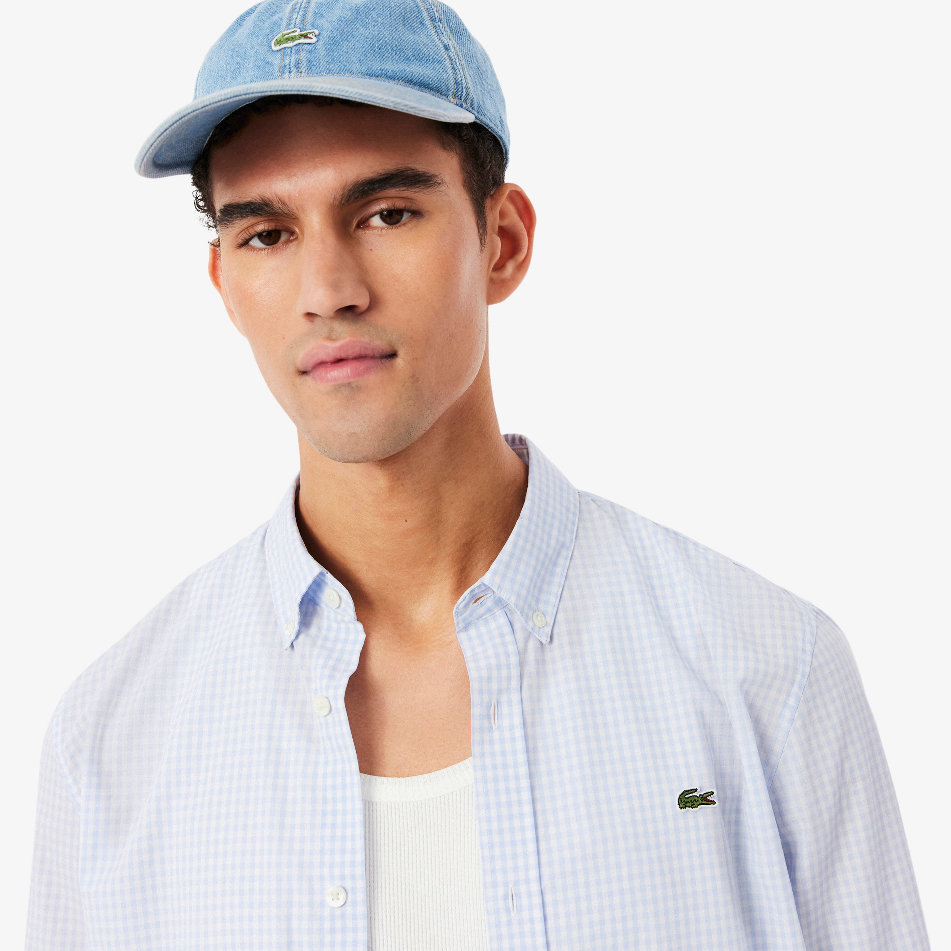 Erkek Regular Fit Düğmeli Yaka Ekose Açık Mavi Gömlek