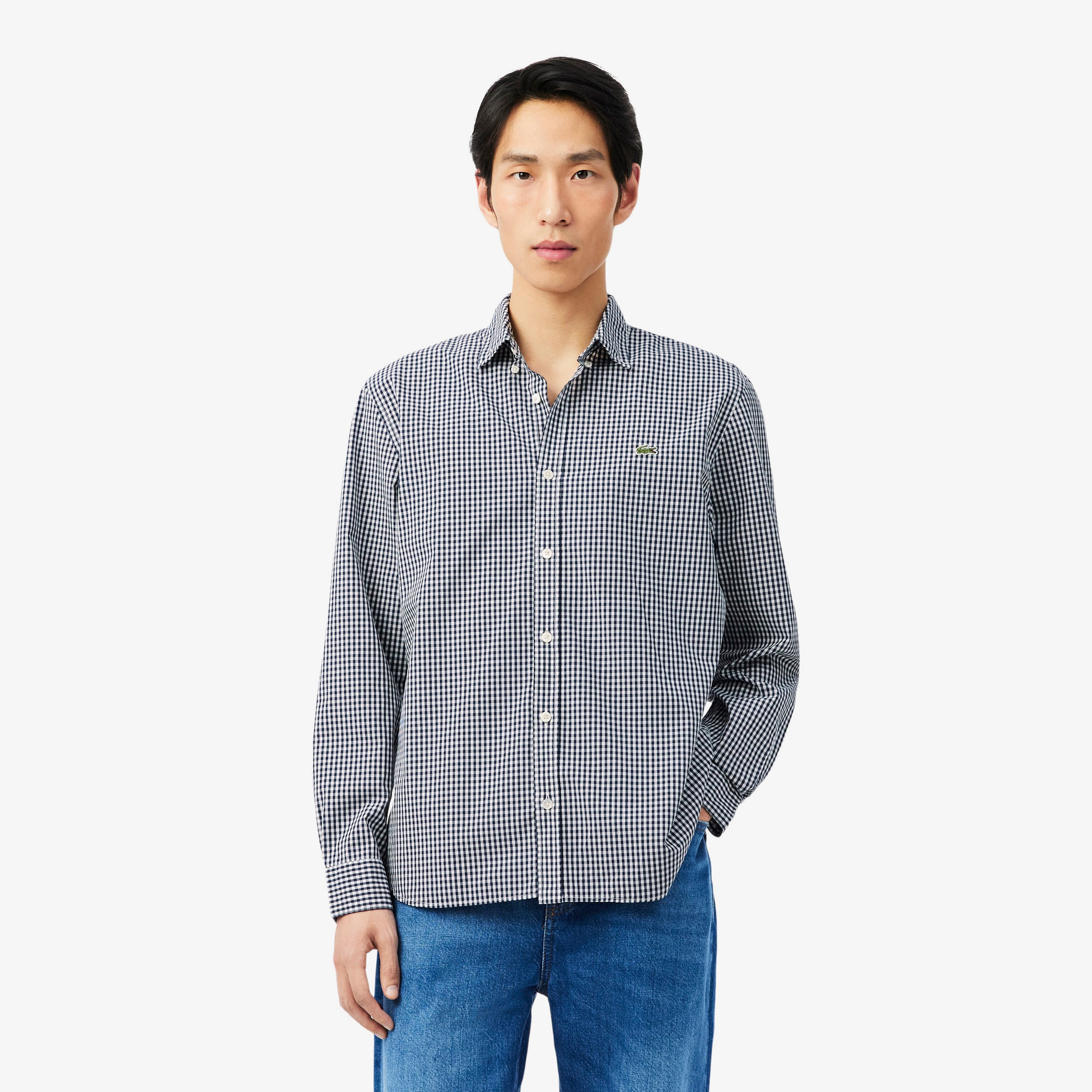 Erkek Regular Fit Düğmeli Yaka Ekose Lacivert Gömlek