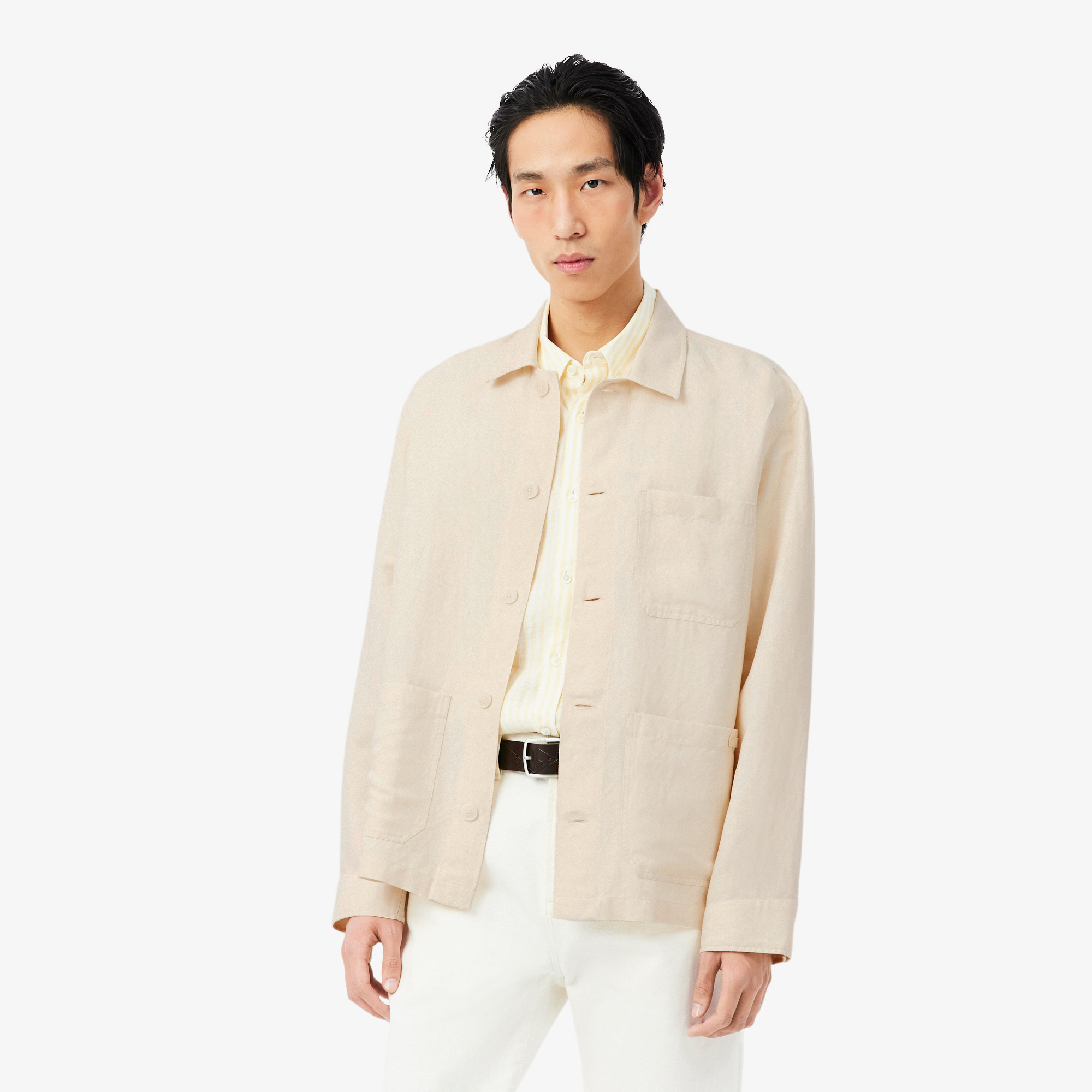Lacoste Erkek Relaxed Fit Keten Bej Dış Gömlek