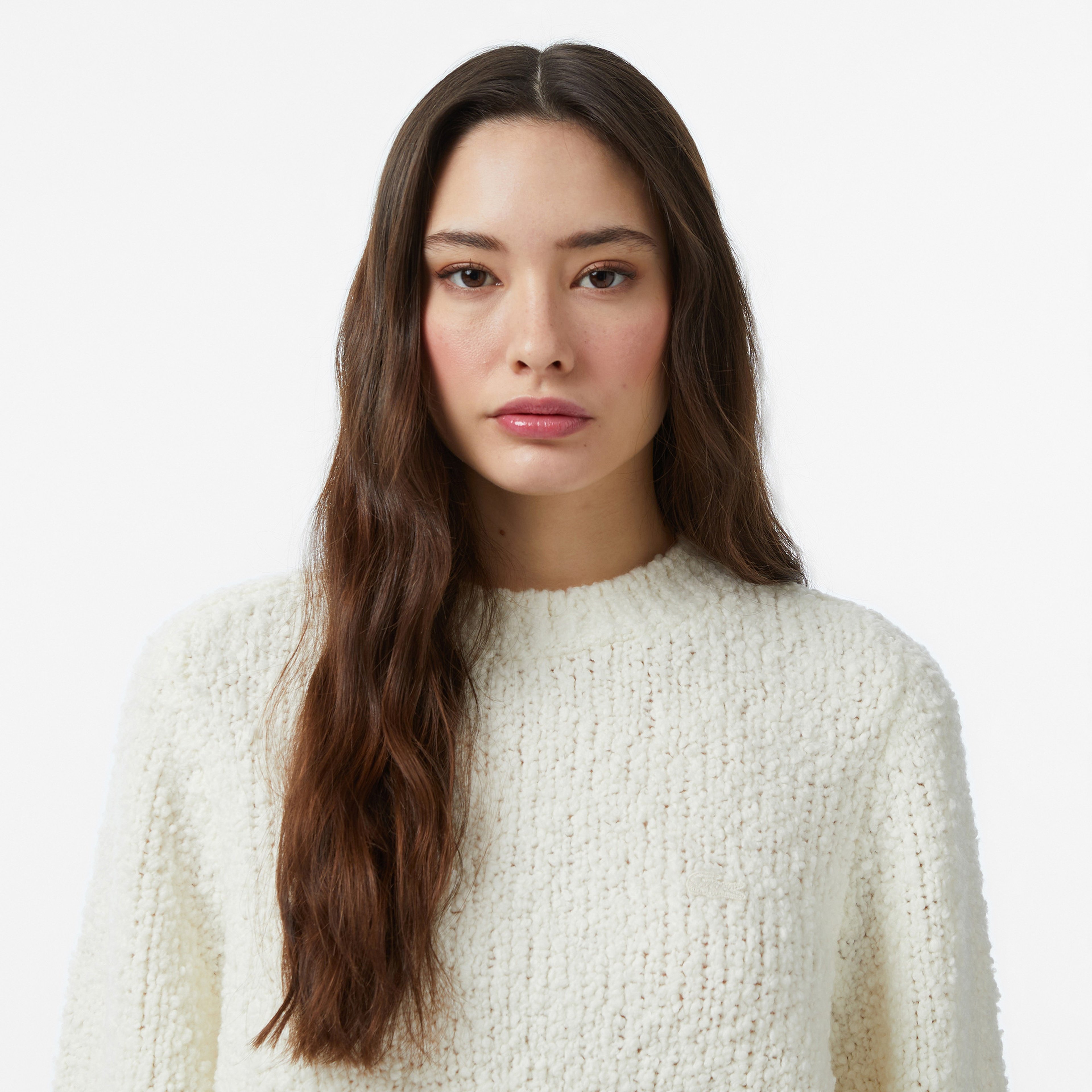 Kadın Classic Fit Bisiklet Yaka Yün Krem Kazak