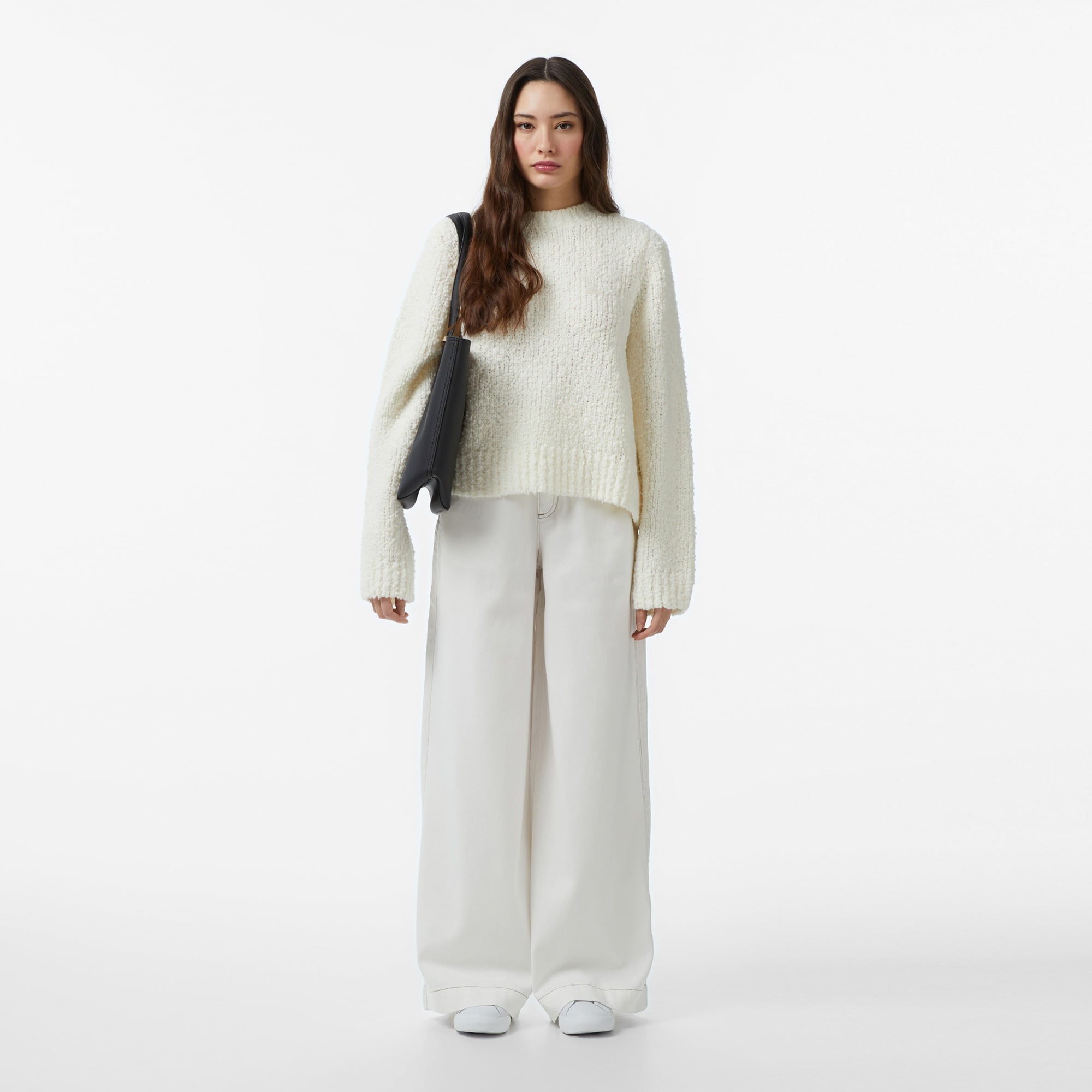 Kadın Classic Fit Bisiklet Yaka Yün Krem Kazak