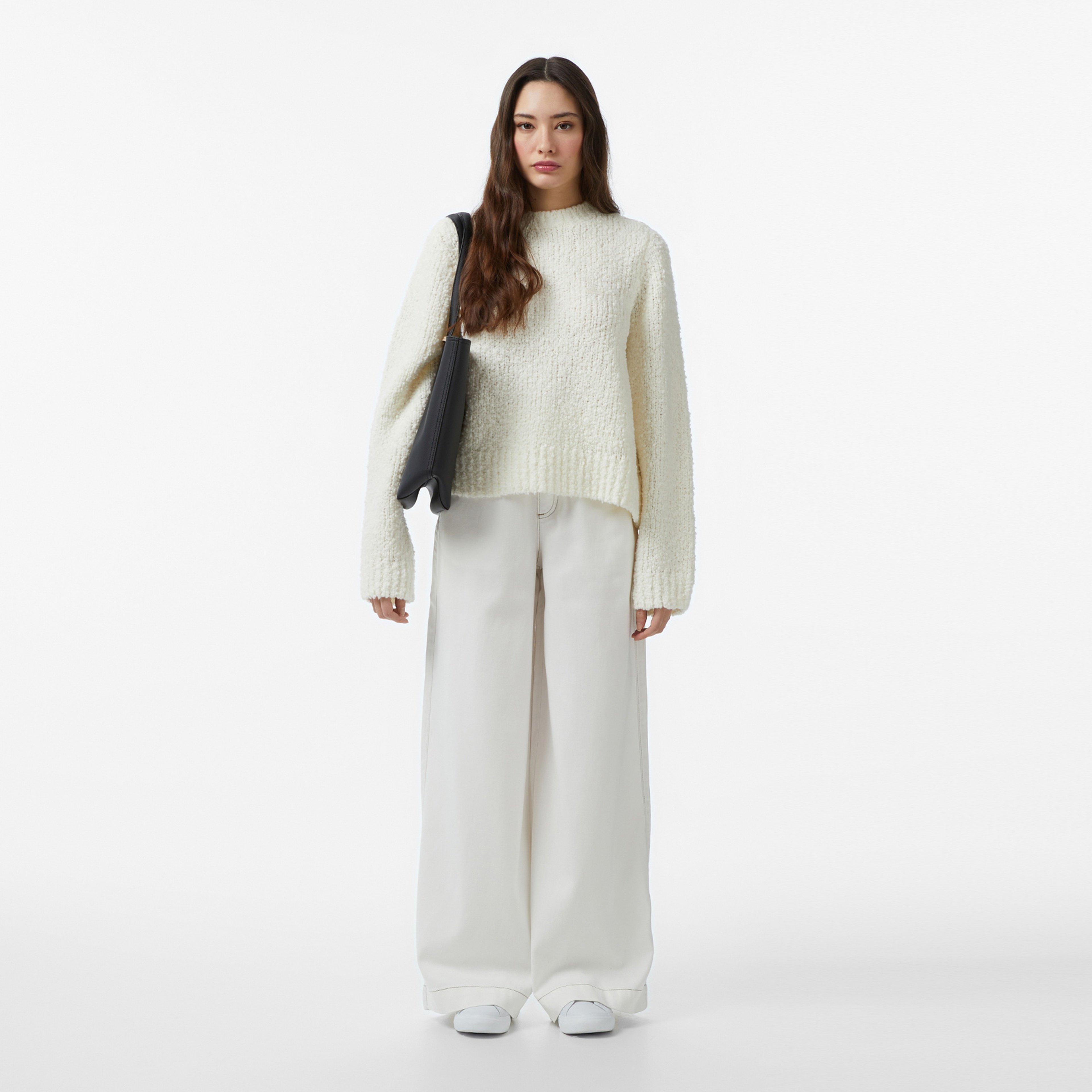 Kadın Classic Fit Bisiklet Yaka Yün Krem Kazak