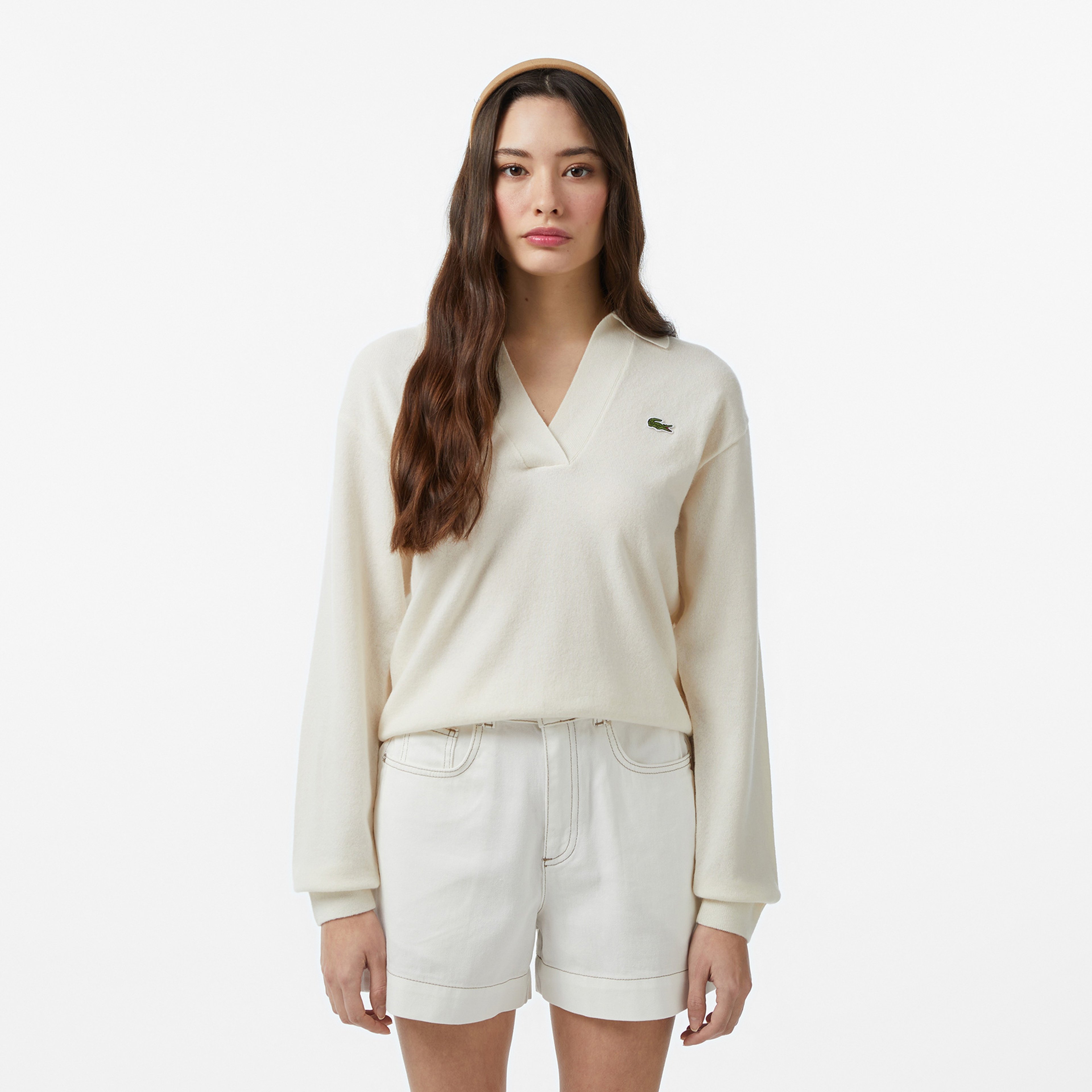 Kadın Classic Fit Polo Yaka Krem Kazak