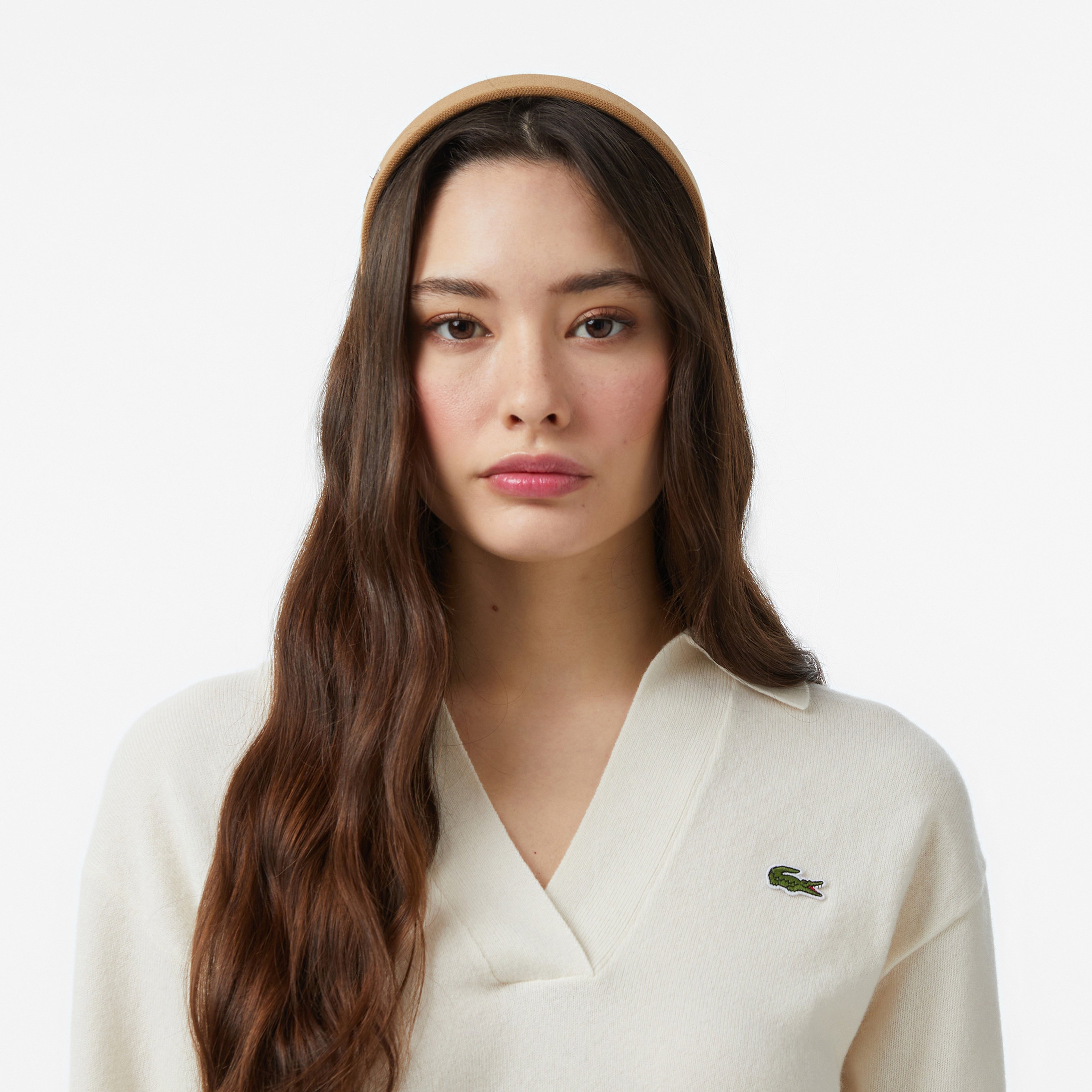 Kadın Classic Fit Polo Yaka Krem Kazak