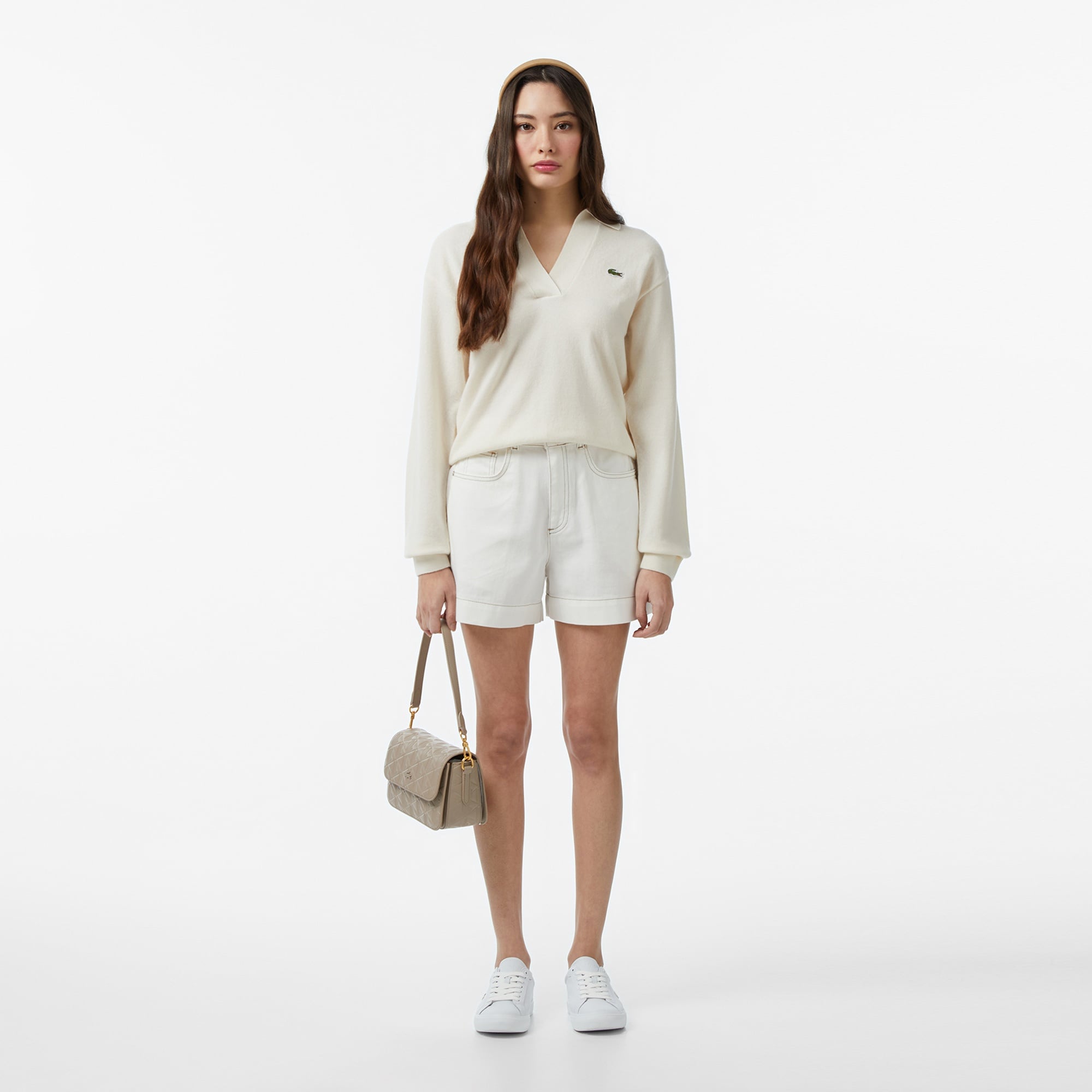 Kadın Classic Fit Polo Yaka Krem Kazak