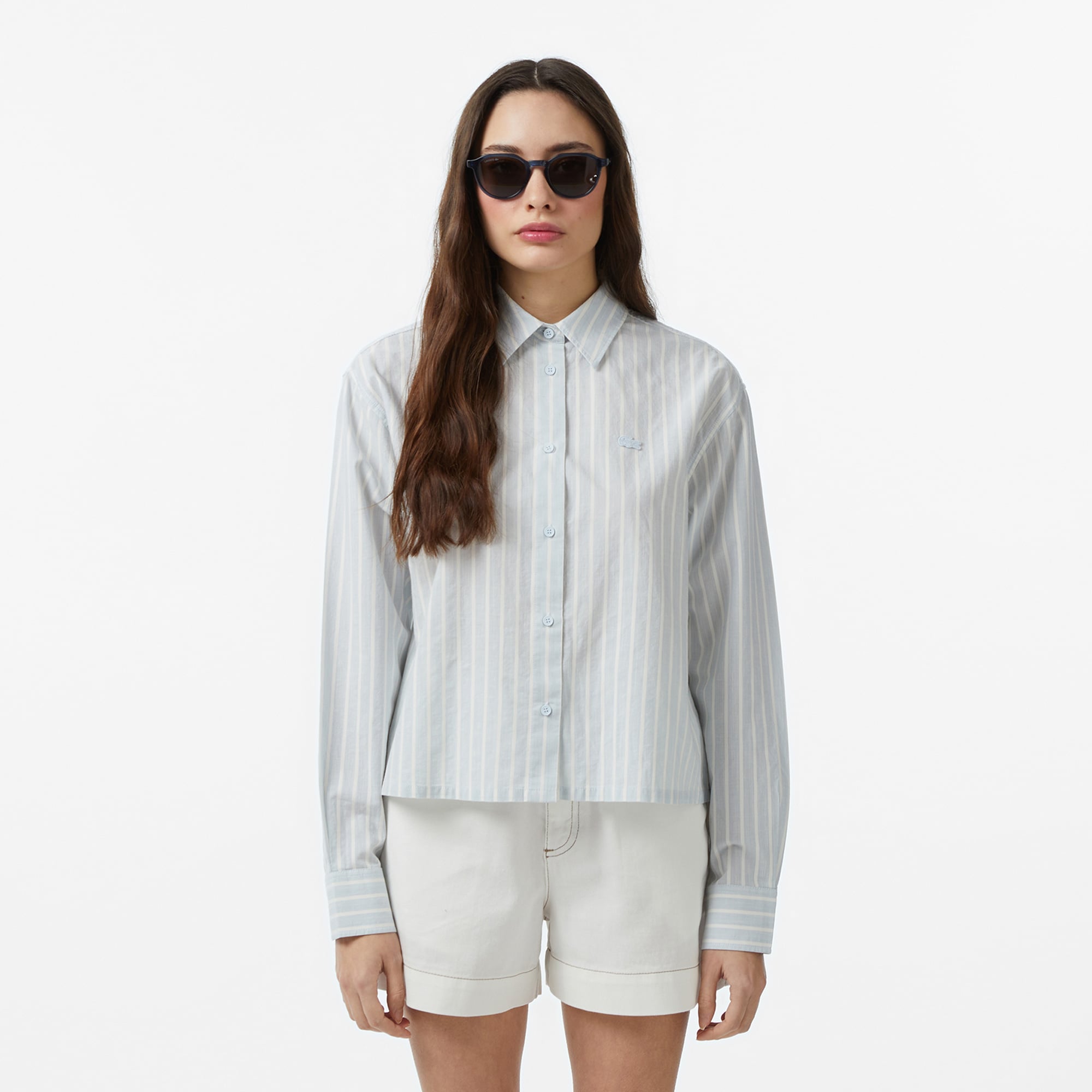 Lacoste Kadın Relaxed Fit Çizgili Mavi Gömlek
