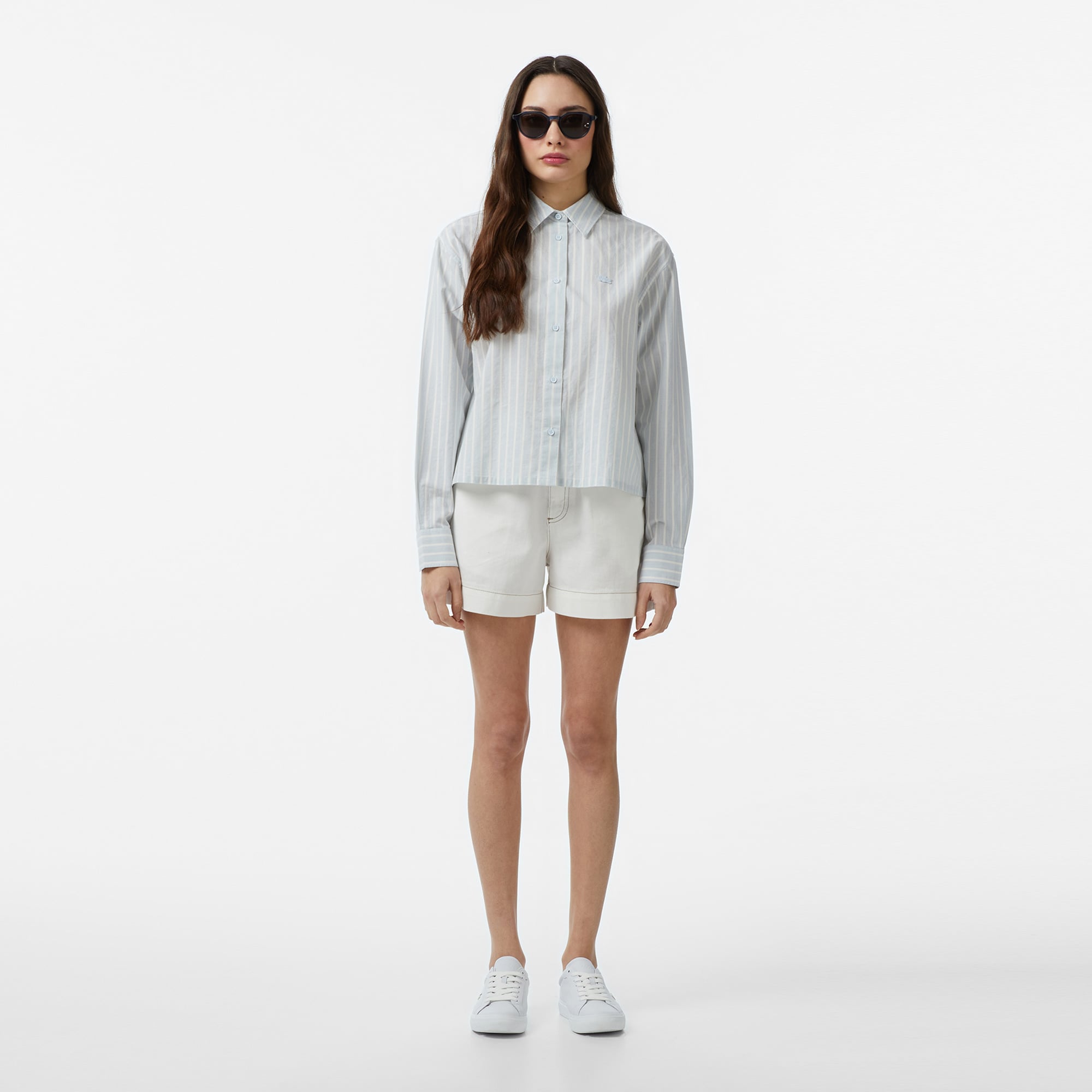Lacoste Kadın Relaxed Fit Çizgili Mavi Gömlek görsel 6