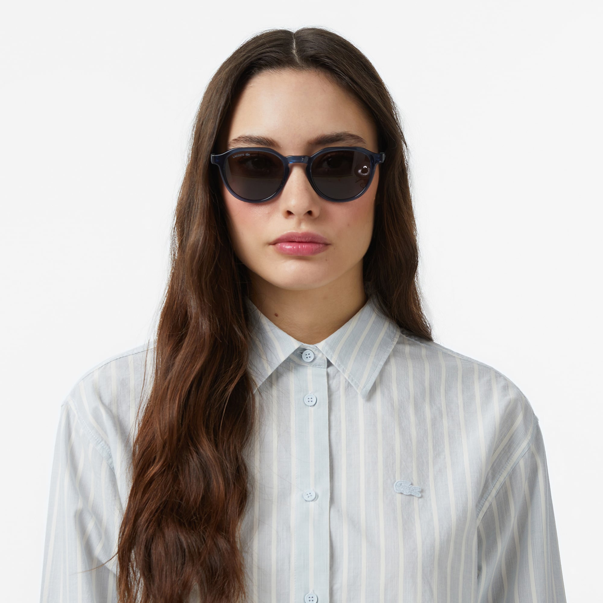 Lacoste Kadın Relaxed Fit Çizgili Mavi Gömlek görsel 2