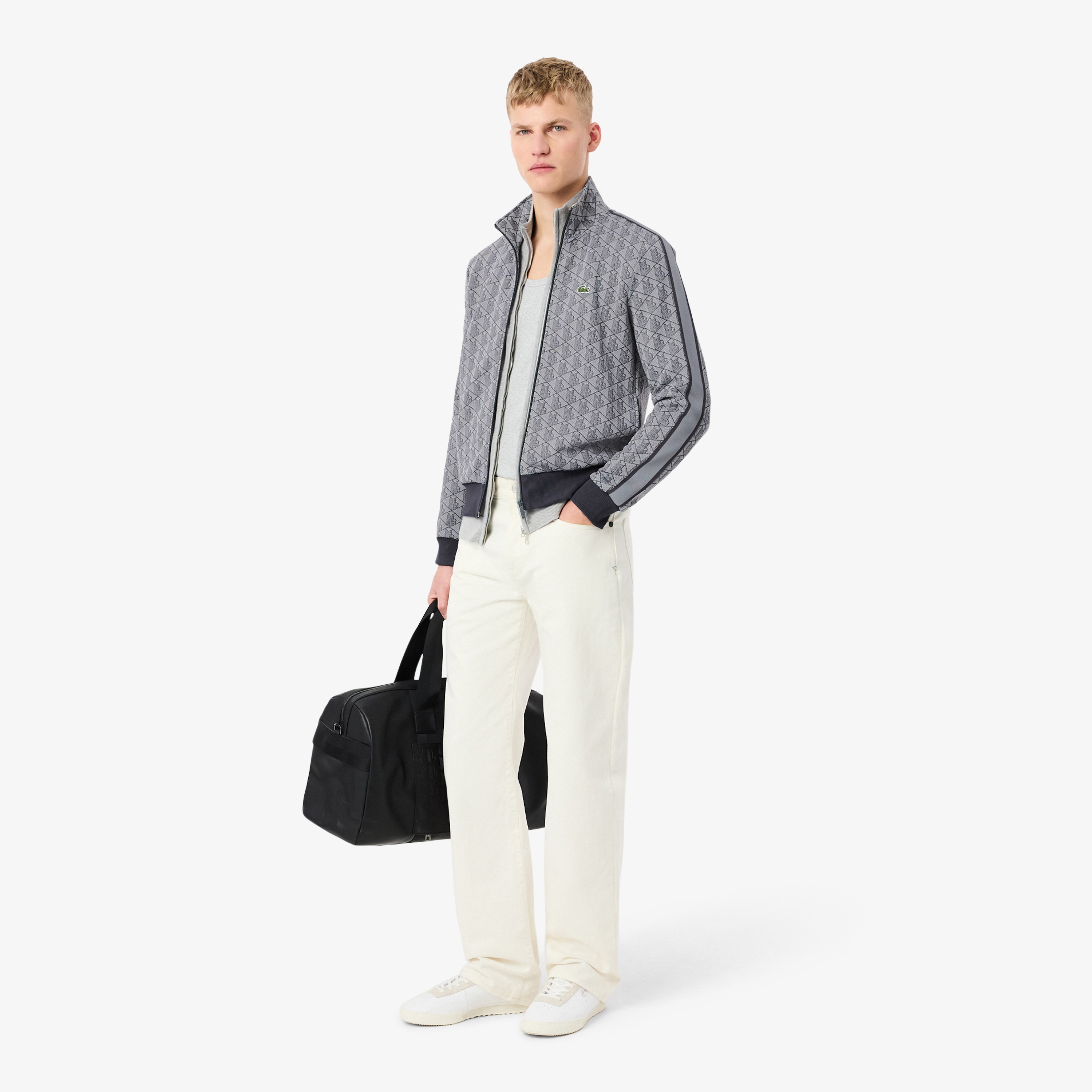 Erkek Regular Fit Fermuarlı Monogram Gri Sweatshirt