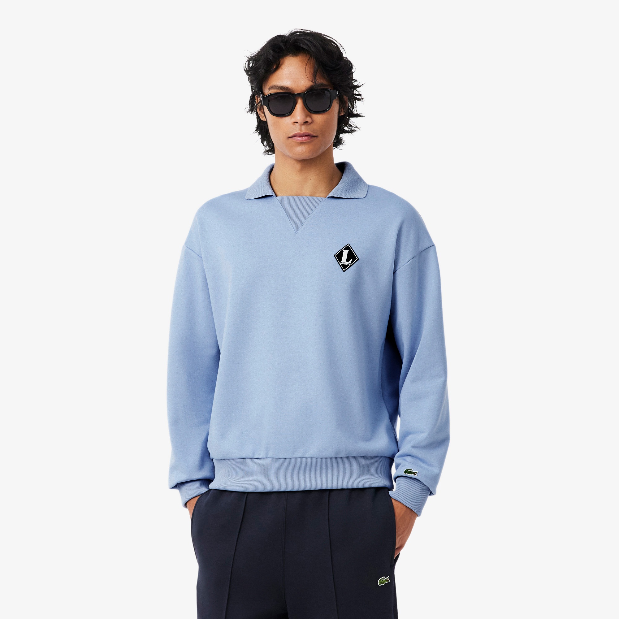 Erkek Loose Fit Polo Yaka Mavi Sweatshirt