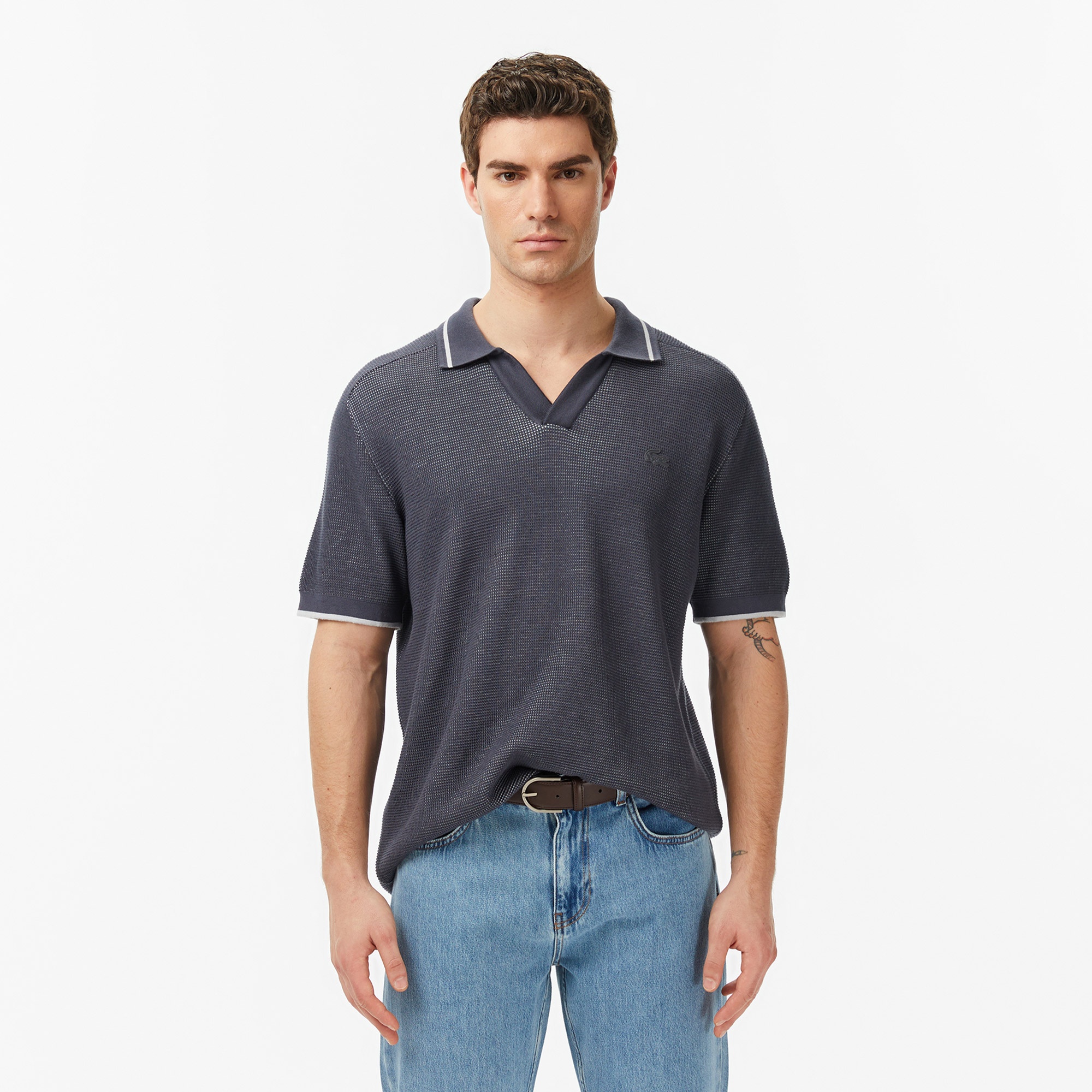 Erkek Classic Fit Kısa Kollu Polo Yaka Gri Triko