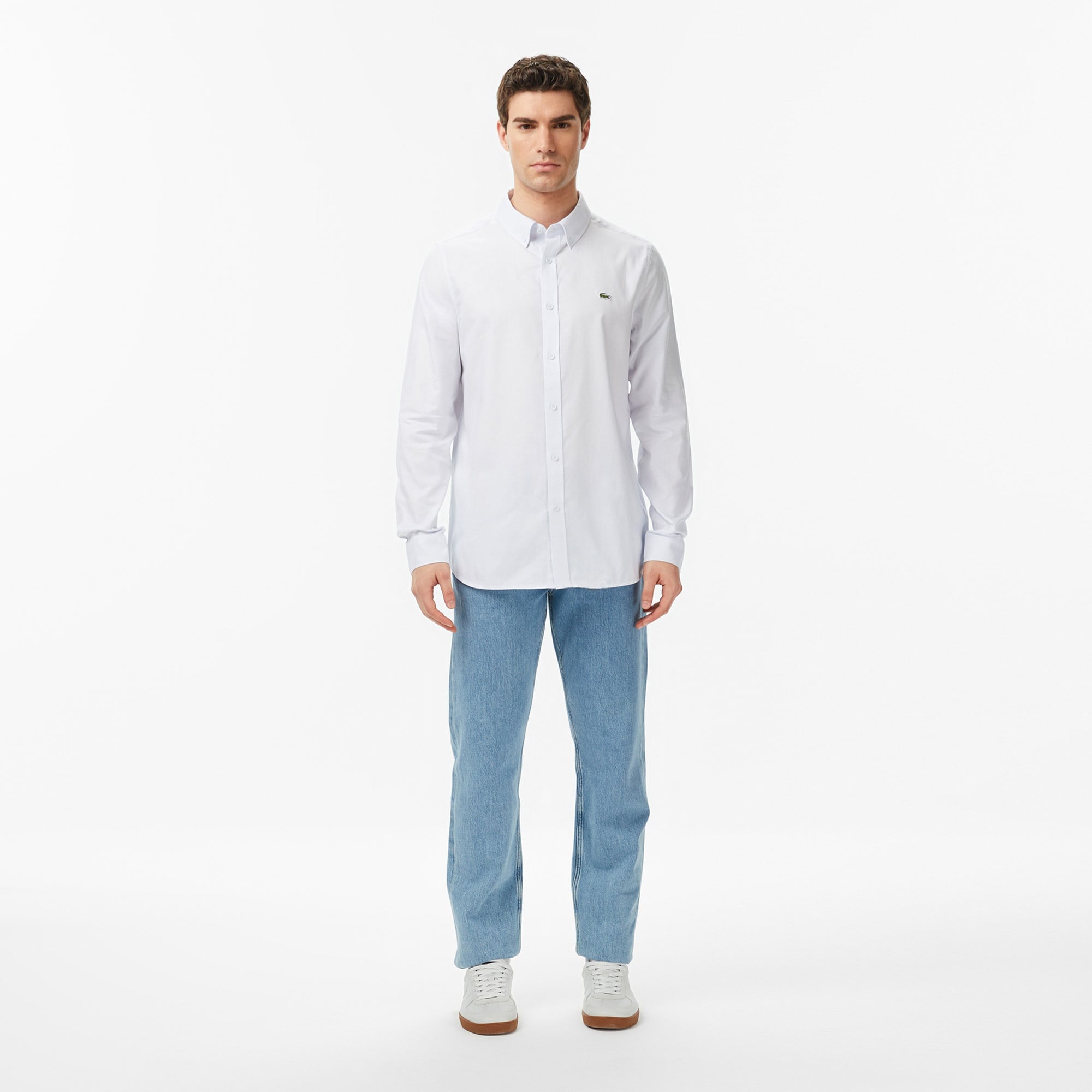 Erkek Slim Fit Düğmeli Yaka Açık Mavi Gömlek