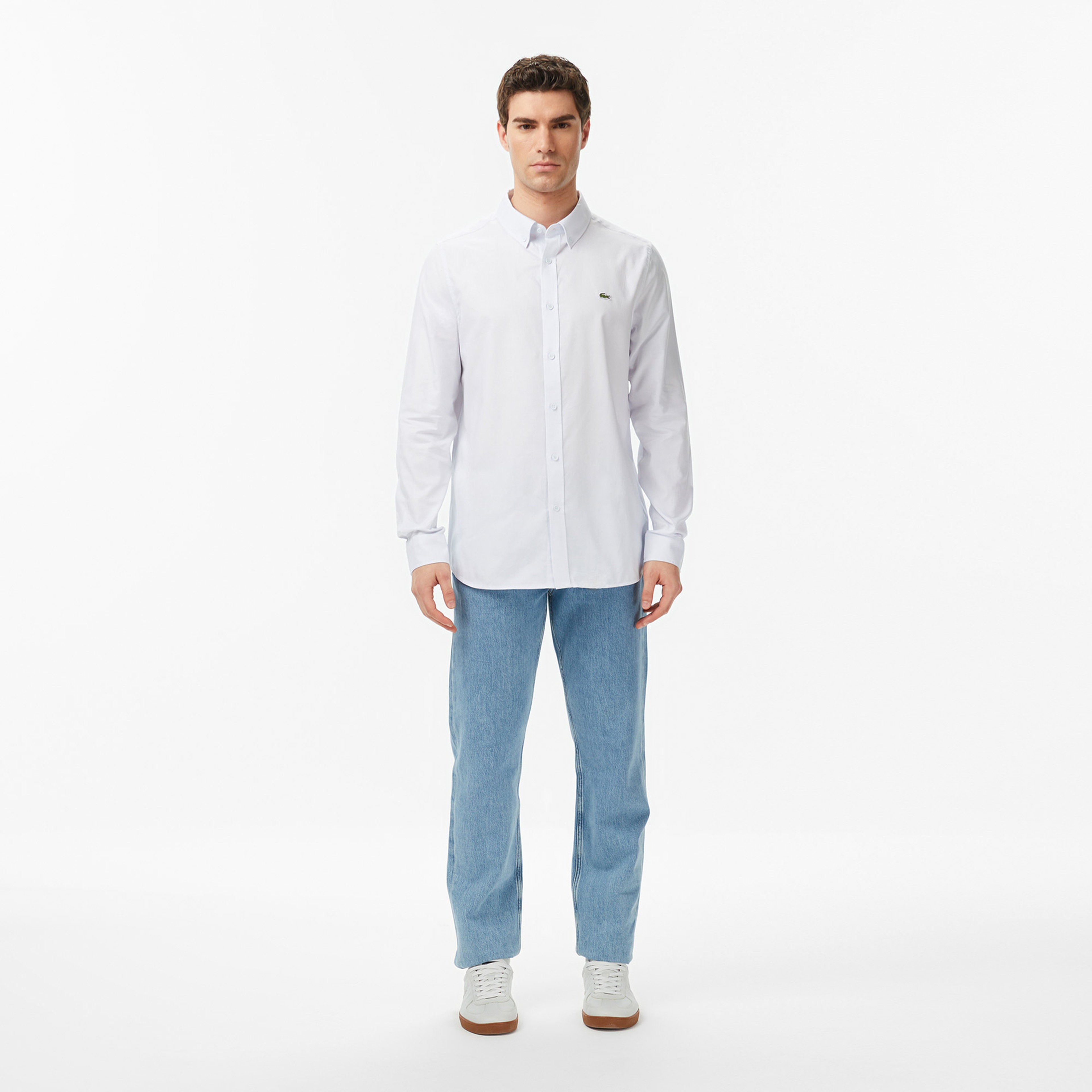 Erkek Slim Fit Düğmeli Yaka Açık Mavi Gömlek