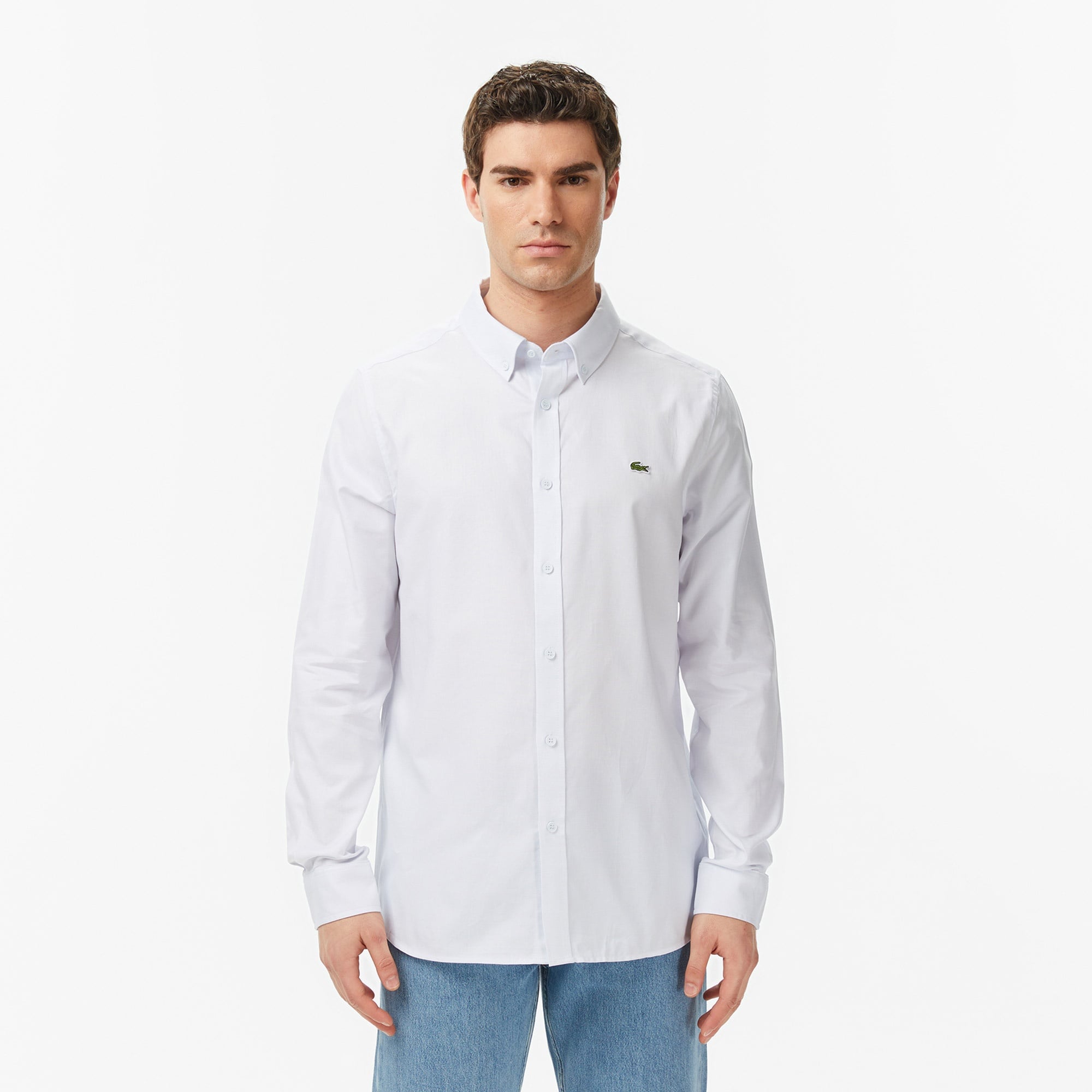 Erkek Slim Fit Düğmeli Yaka Açık Mavi Gömlek