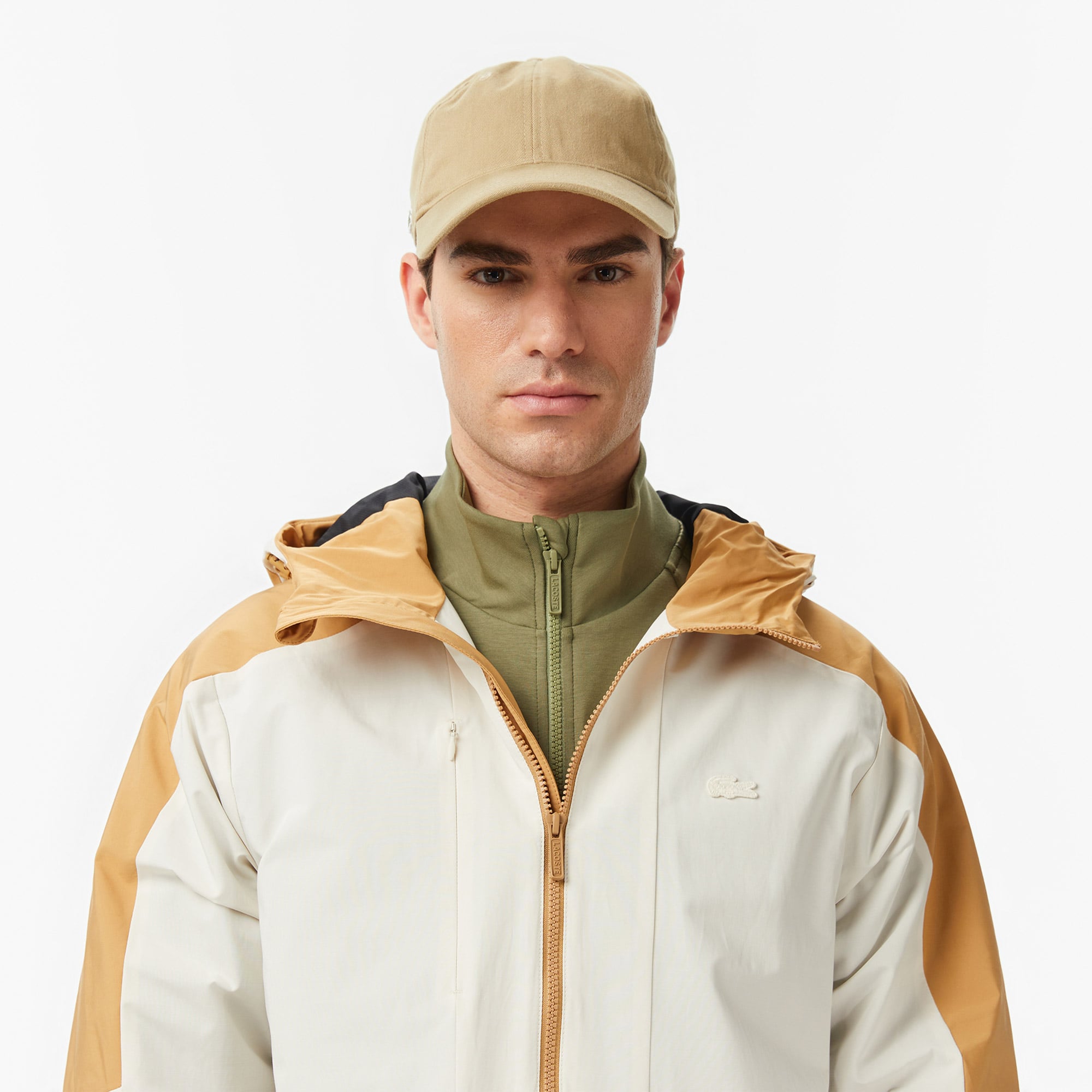 Lacoste Erkek Relaxed Fit Kapüşonlu Renk Bloklu Krem Mont görsel 2