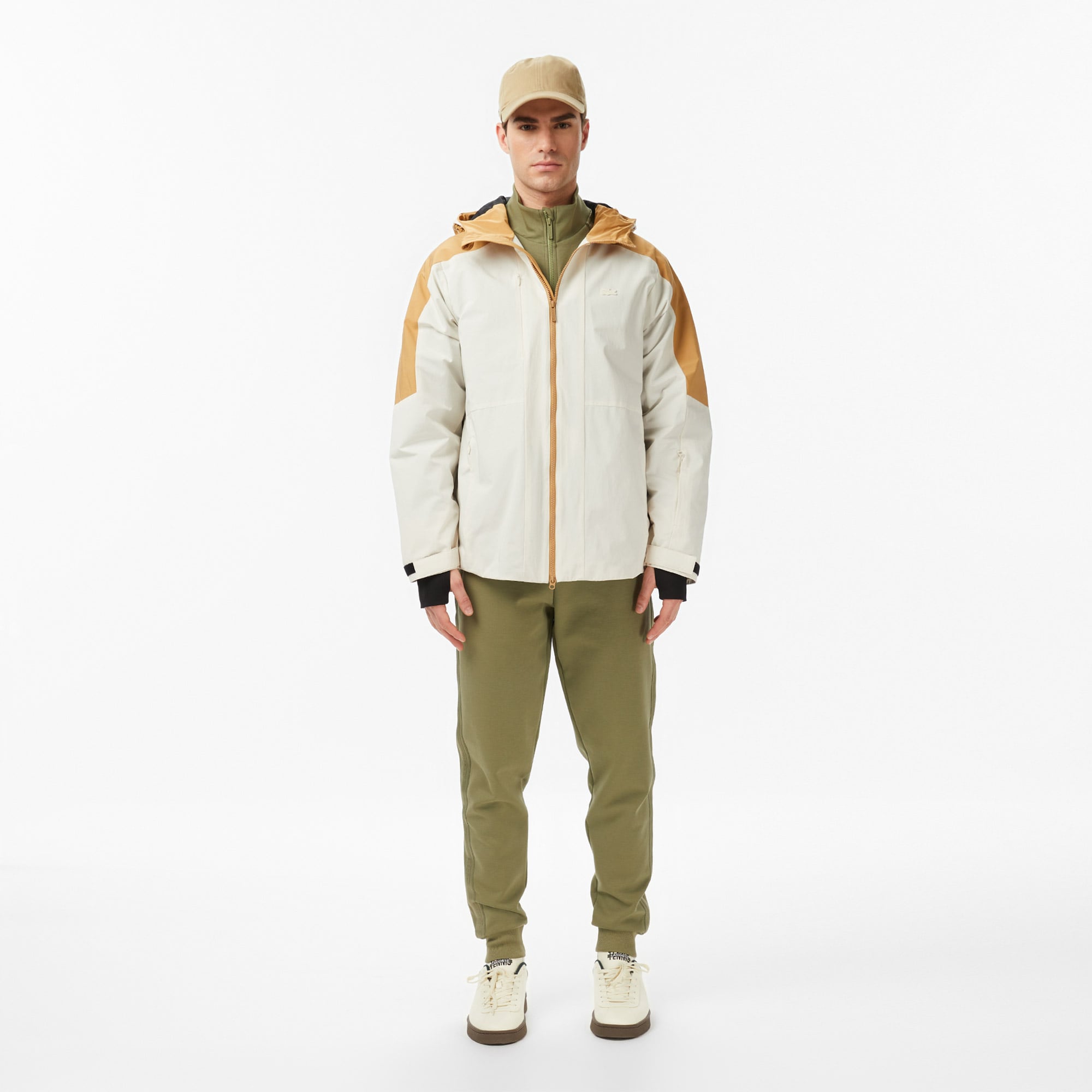 Lacoste Erkek Relaxed Fit Kapüşonlu Renk Bloklu Krem Mont görsel 6