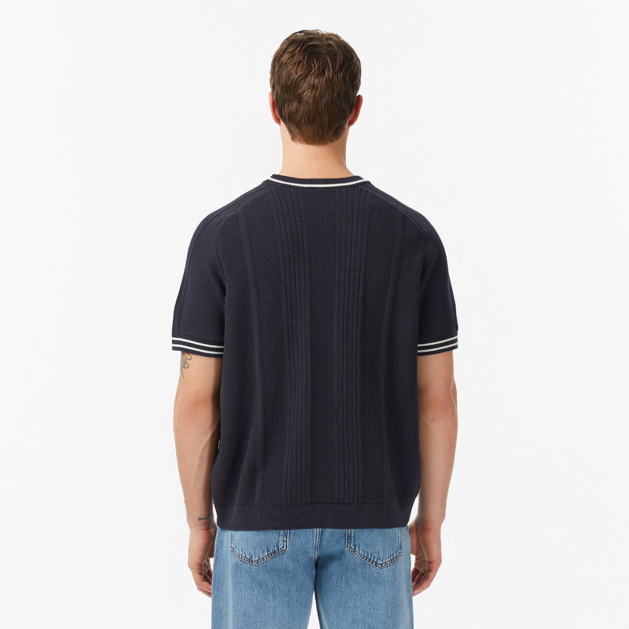 Erkek Classic Fit Kısa Kollu Bisiklet Yaka Çizgili Koyu Gri Triko