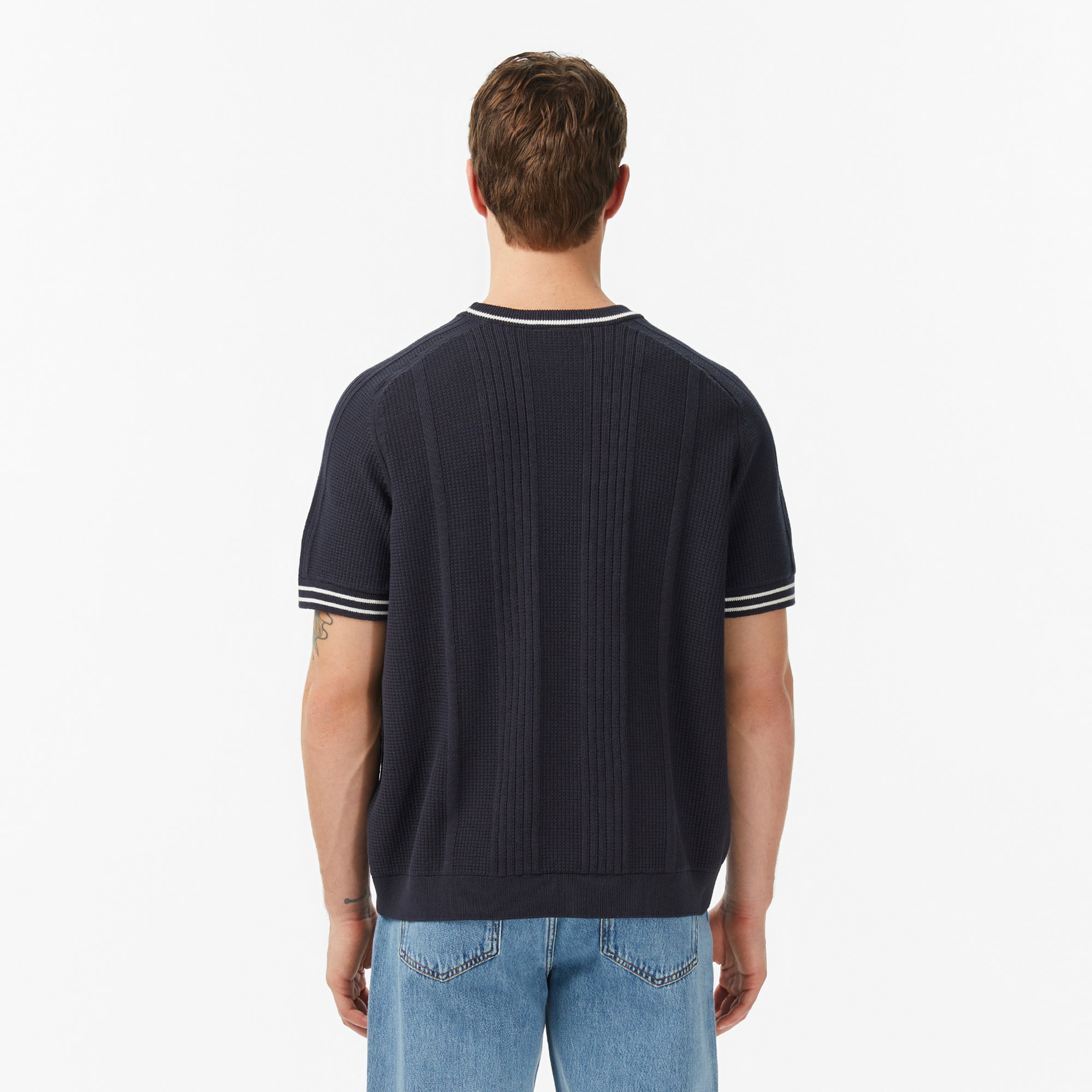 Erkek Classic Fit Kısa Kollu Bisiklet Yaka Çizgili Koyu Gri Triko Erkek Classic Fit Kısa Kollu Bisiklet Yaka Çizgili Koyu Gri Triko