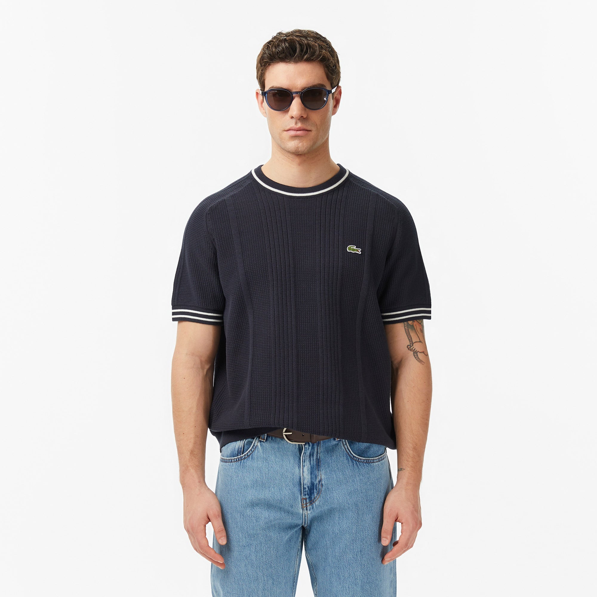 Erkek Classic Fit Kısa Kollu Bisiklet Yaka Çizgili Koyu Gri Triko