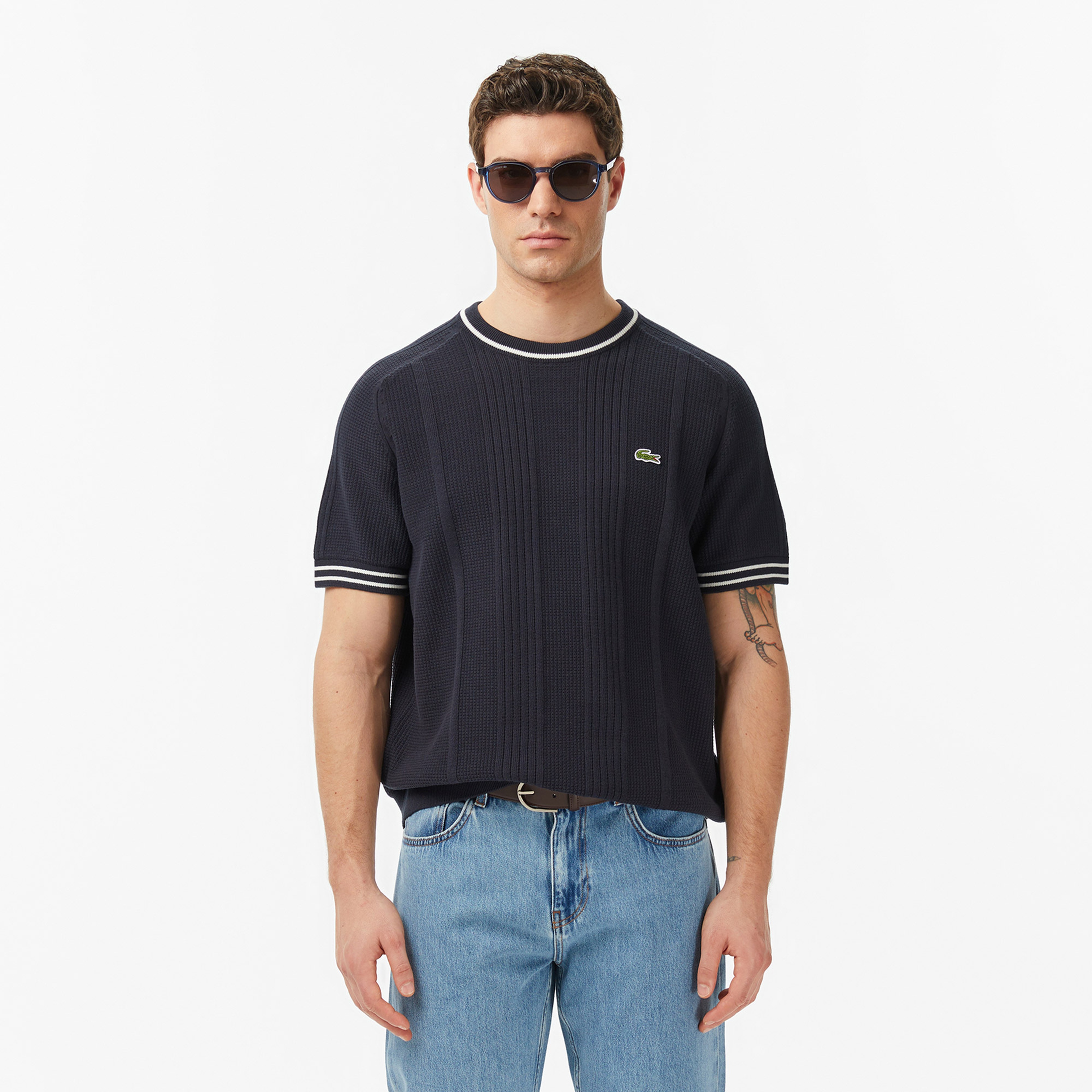 Erkek Classic Fit Kısa Kollu Bisiklet Yaka Çizgili Koyu Gri Triko Erkek Classic Fit Kısa Kollu Bisiklet Yaka Çizgili Koyu Gri Triko