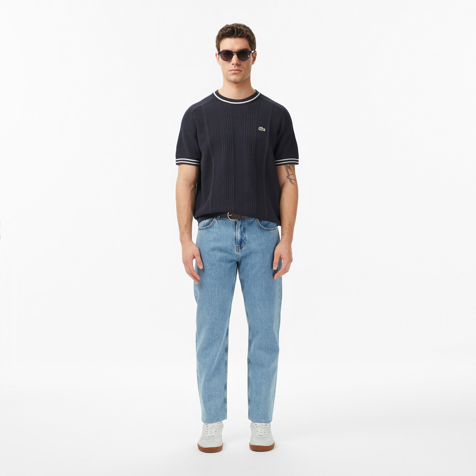 Lacoste Erkek Classic Fit Kısa Kollu Bisiklet Yaka Çizgili Koyu Gri Triko görsel 6