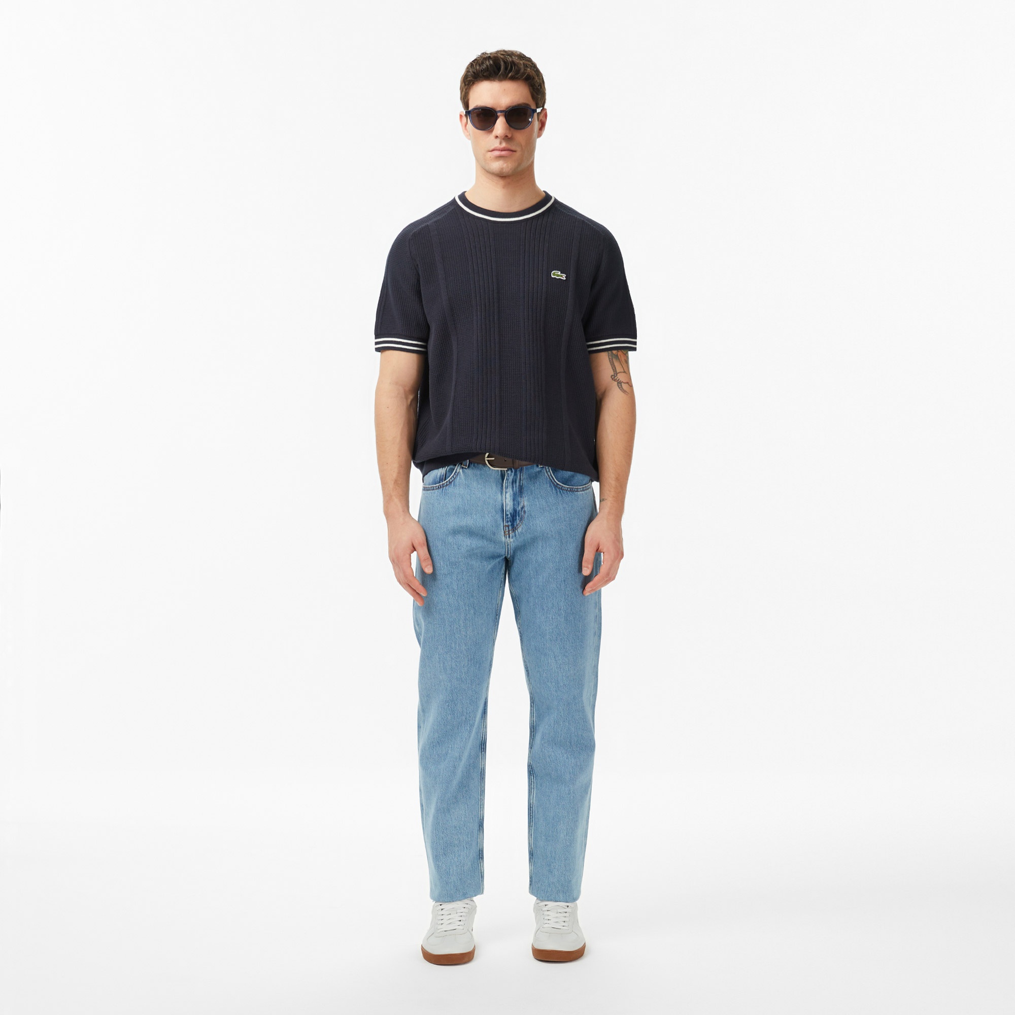 Erkek Classic Fit Kısa Kollu Bisiklet Yaka Çizgili Koyu Gri Triko