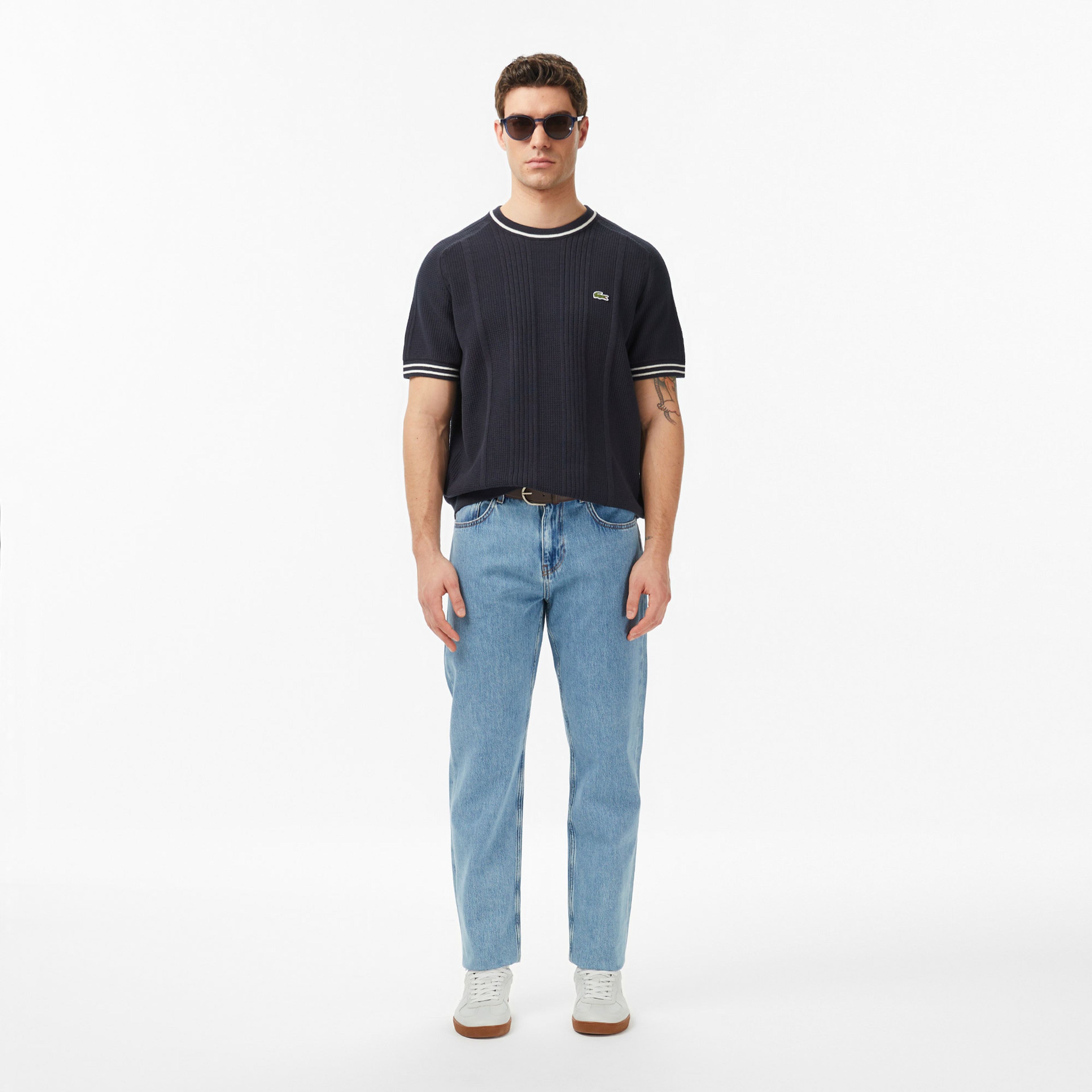 Erkek Classic Fit Kısa Kollu Bisiklet Yaka Çizgili Koyu Gri Triko Erkek Classic Fit Kısa Kollu Bisiklet Yaka Çizgili Koyu Gri Triko