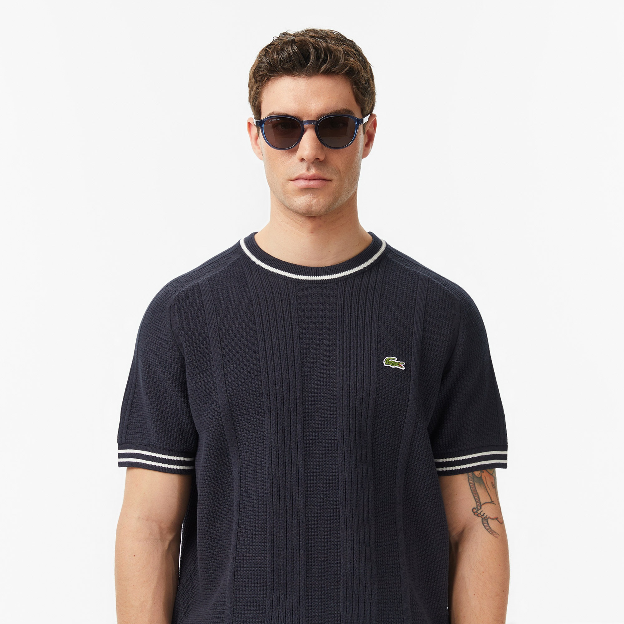 Erkek Classic Fit Kısa Kollu Bisiklet Yaka Çizgili Koyu Gri Triko