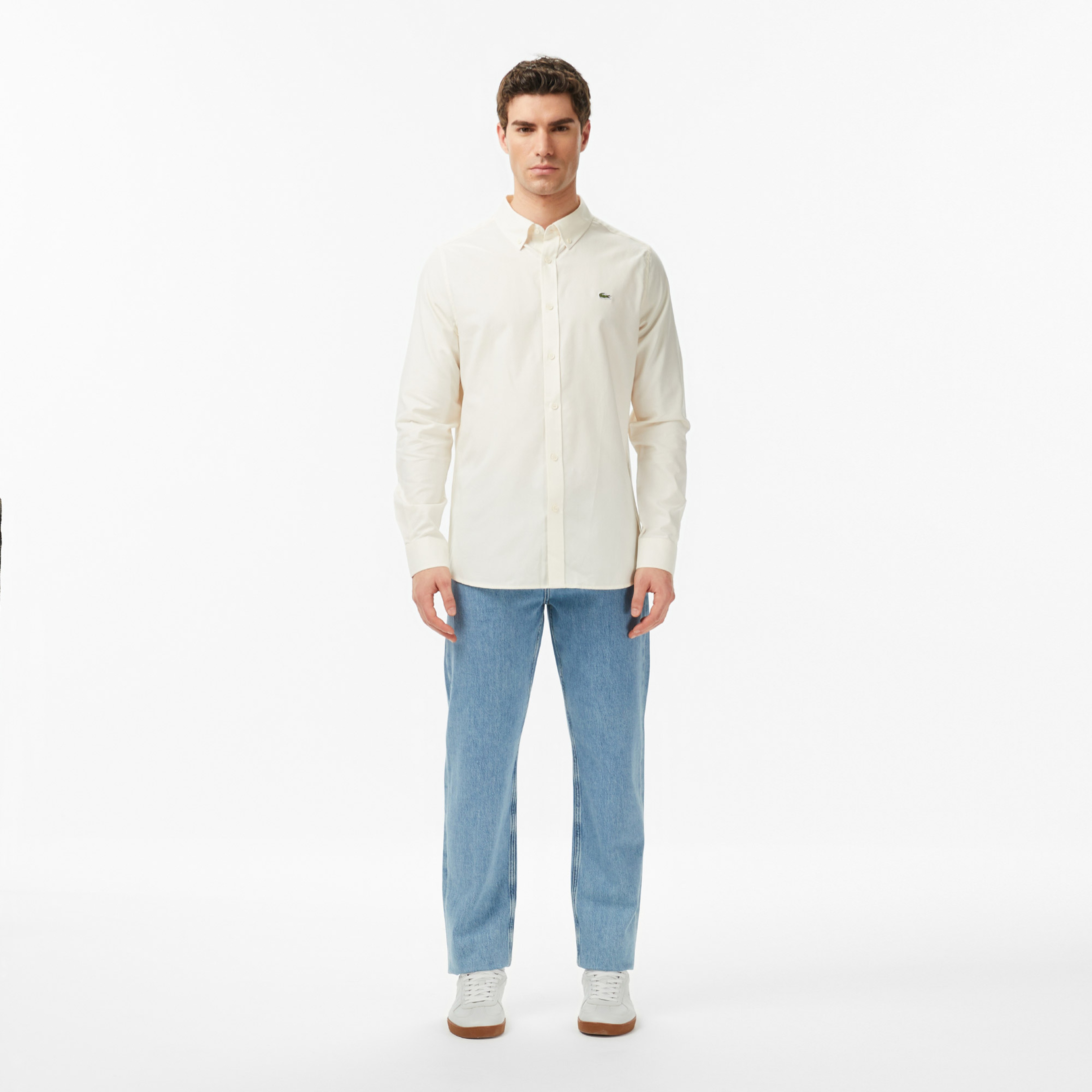 Erkek Slim Fit Düğmeli Yaka Bej Gömlek