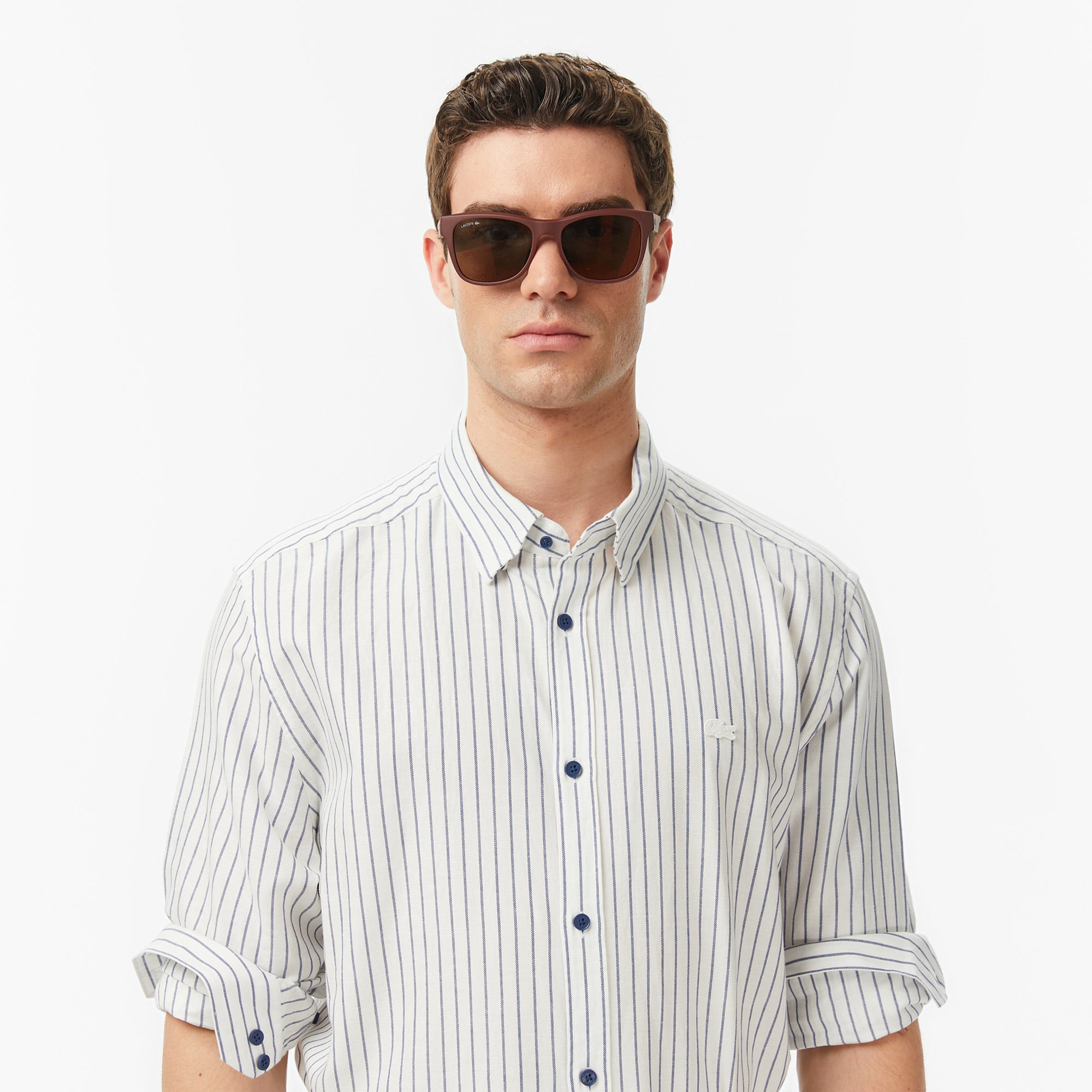 Lacoste Erkek Regular Fit Çizgili Keten Koyu Mavi Gömlek görsel 2