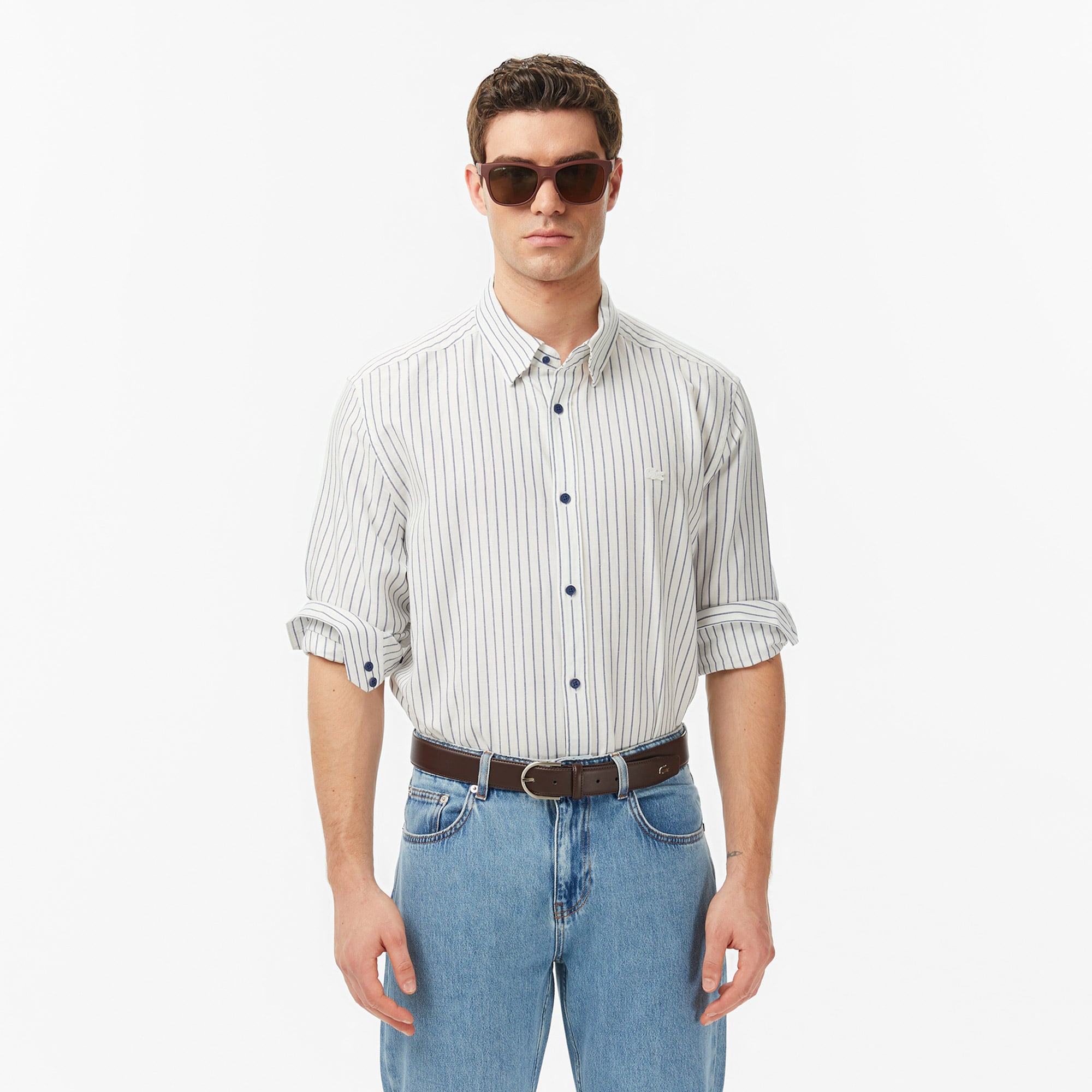 Lacoste Erkek Regular Fit Çizgili Keten Koyu Mavi Gömlek