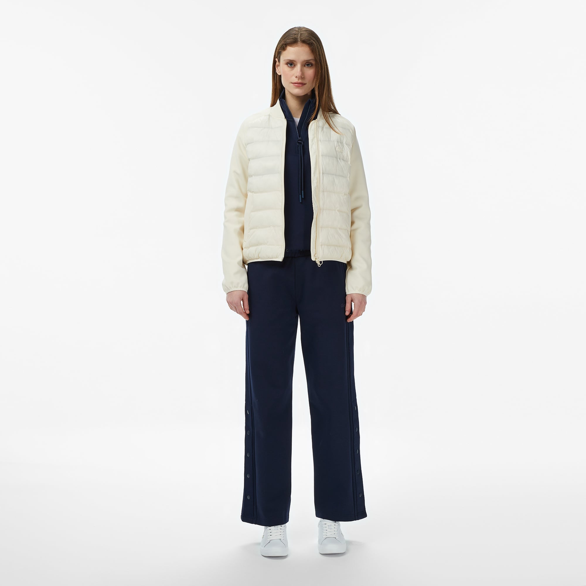 Kadın Regular Fit Dik Yaka Renk Bloklu Krem Mont