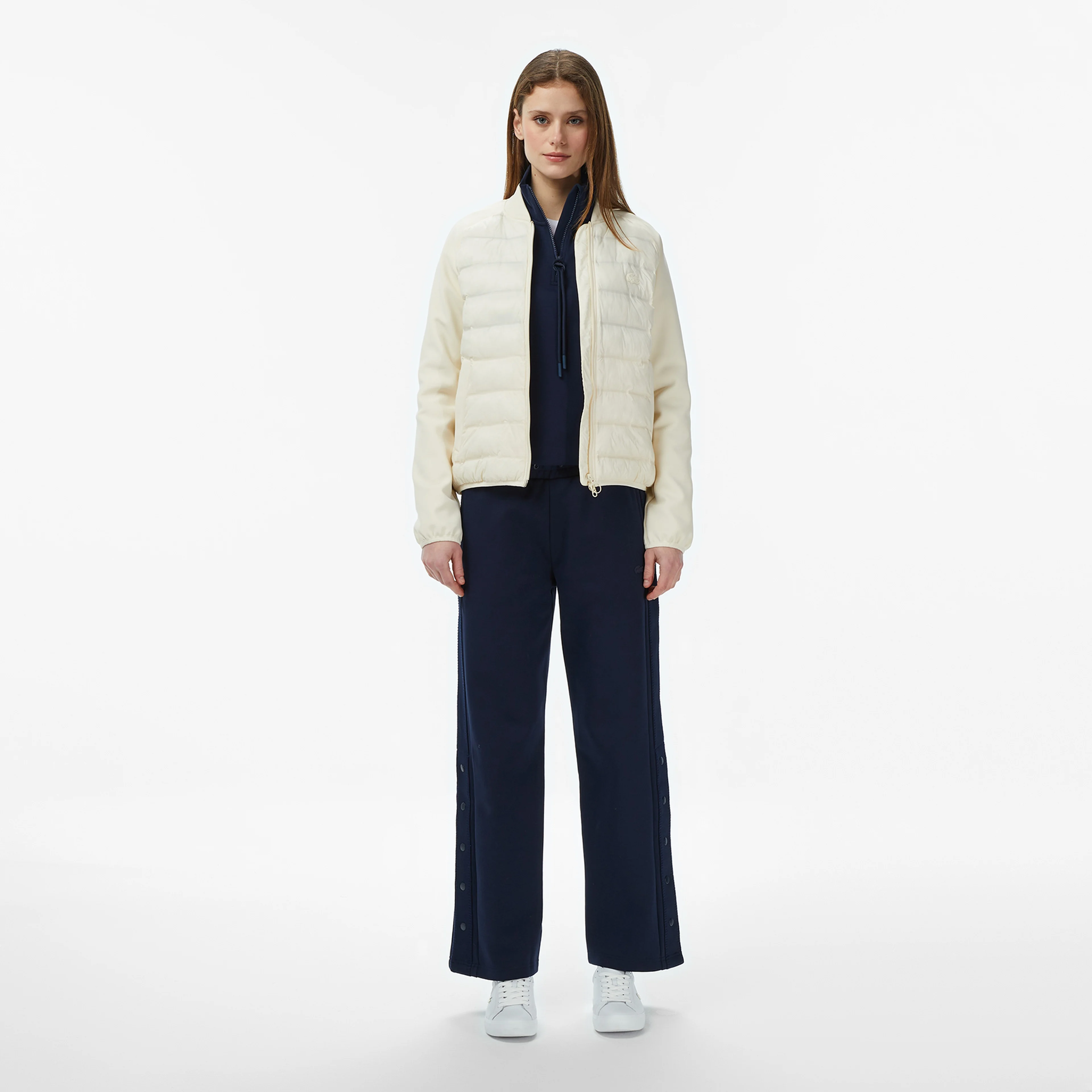 Kadın Regular Fit Dik Yaka Renk Bloklu Krem Mont