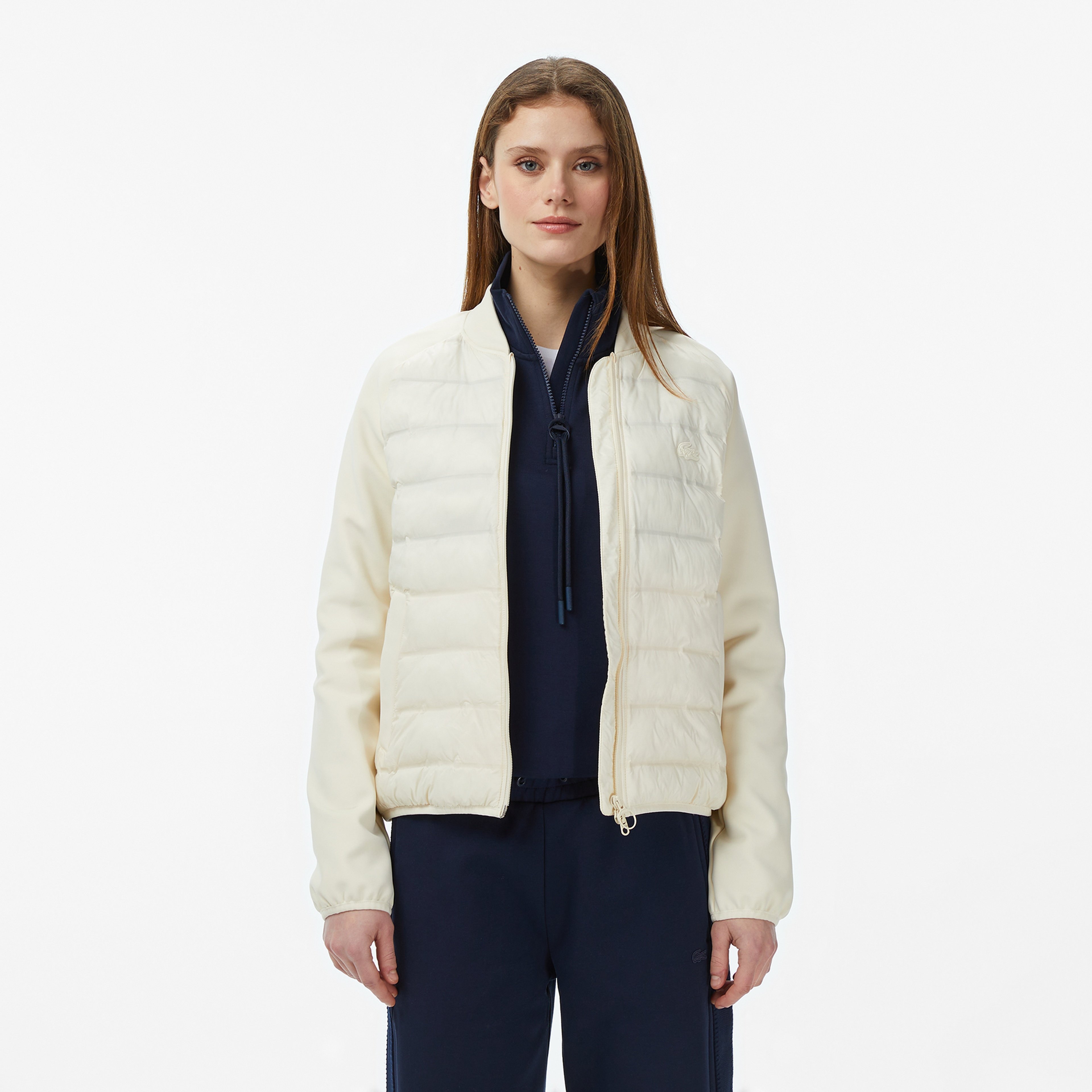 Kadın Regular Fit Dik Yaka Renk Bloklu Krem Mont