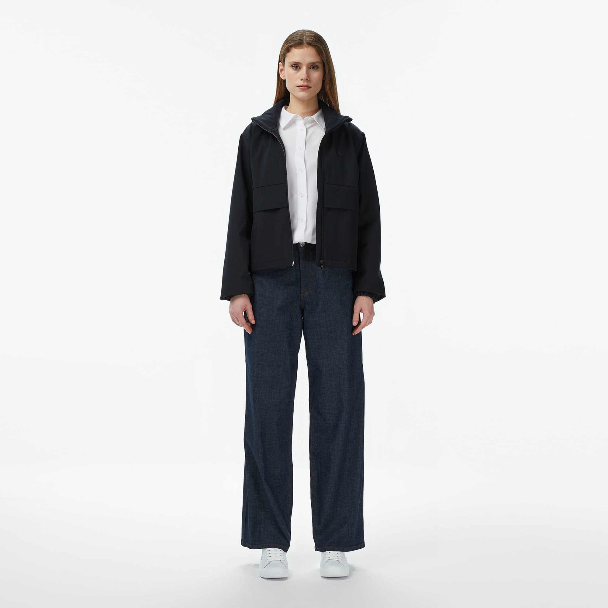 Kadın Regular Fit Kapüşonlu Baskılı Siyah Yağmurluk