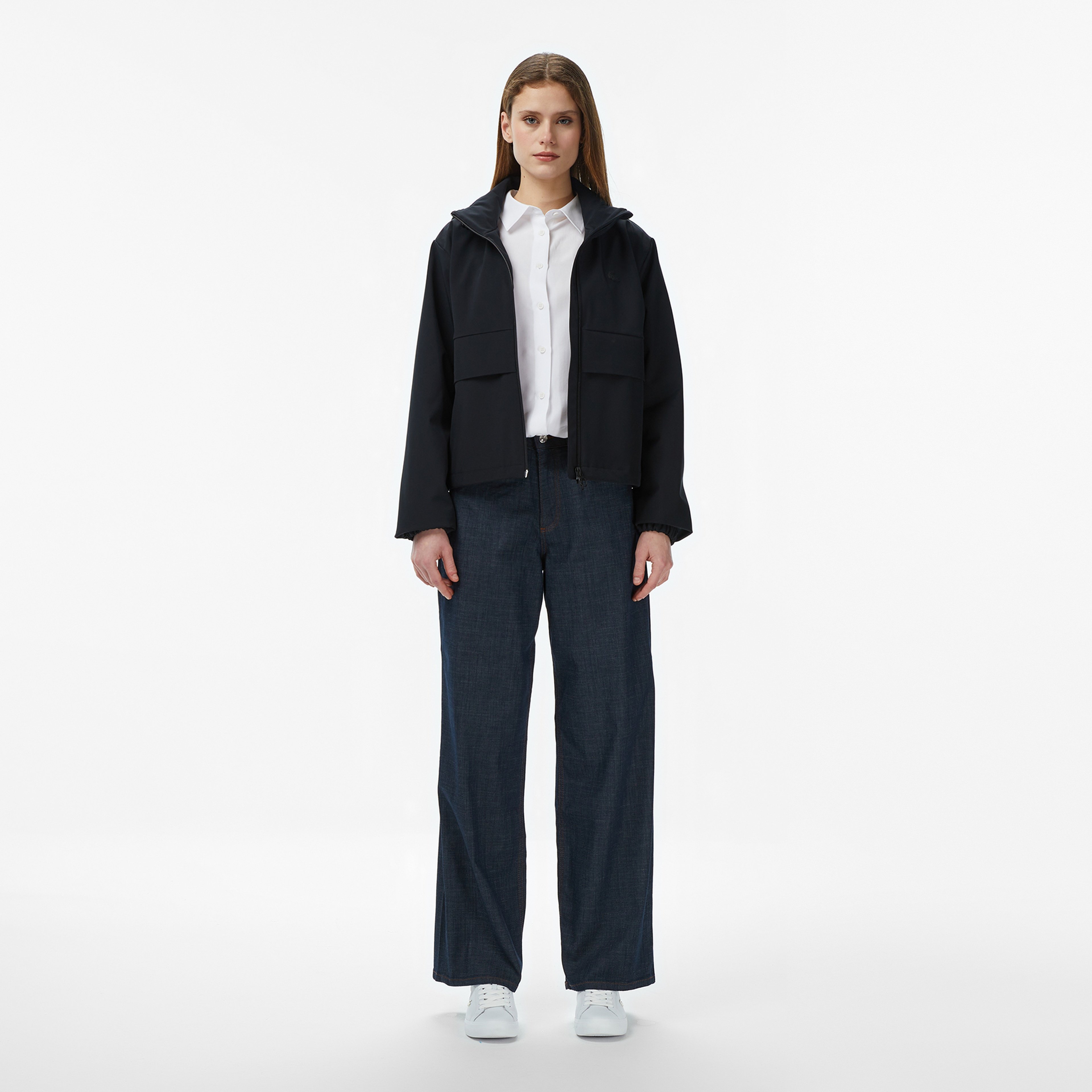 Kadın Regular Fit Kapüşonlu Baskılı Siyah Yağmurluk