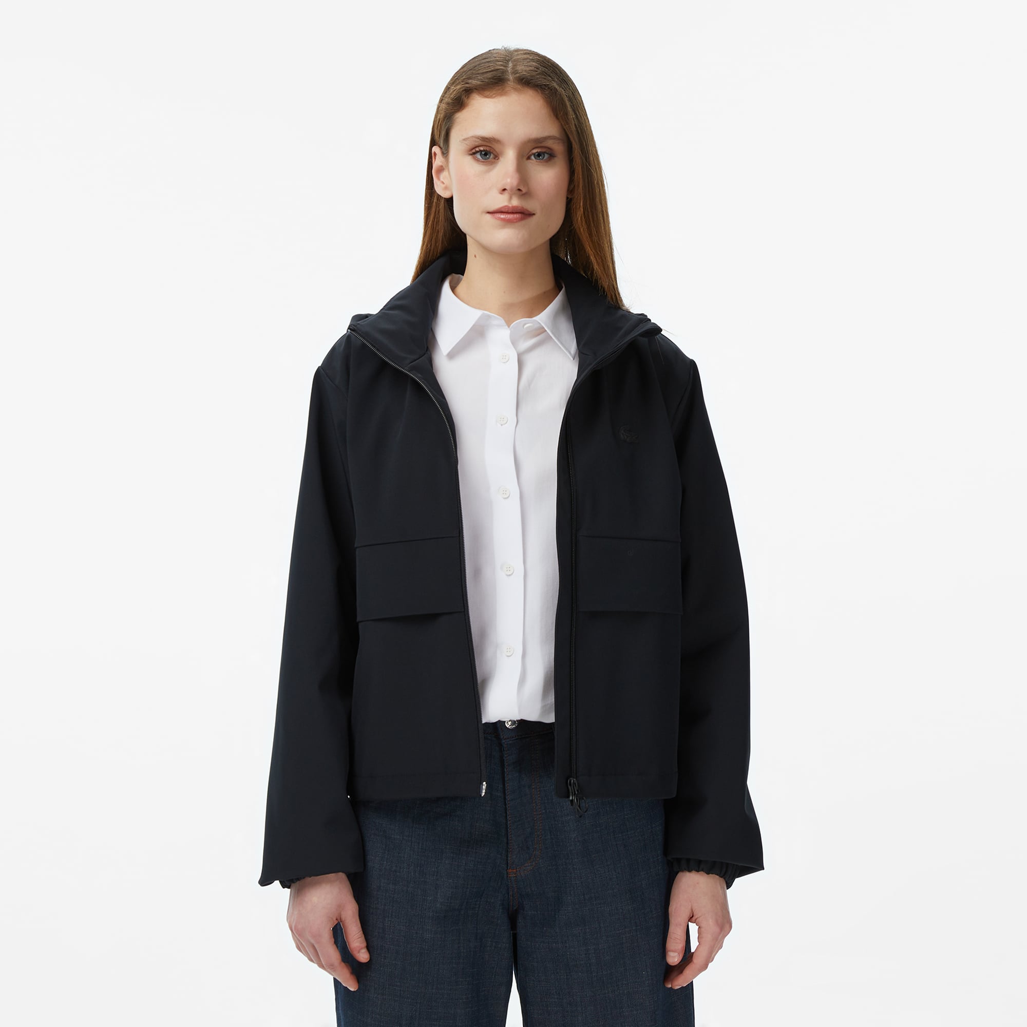 Lacoste Kadın Regular Fit Kapüşonlu Baskılı Siyah Yağmurluk