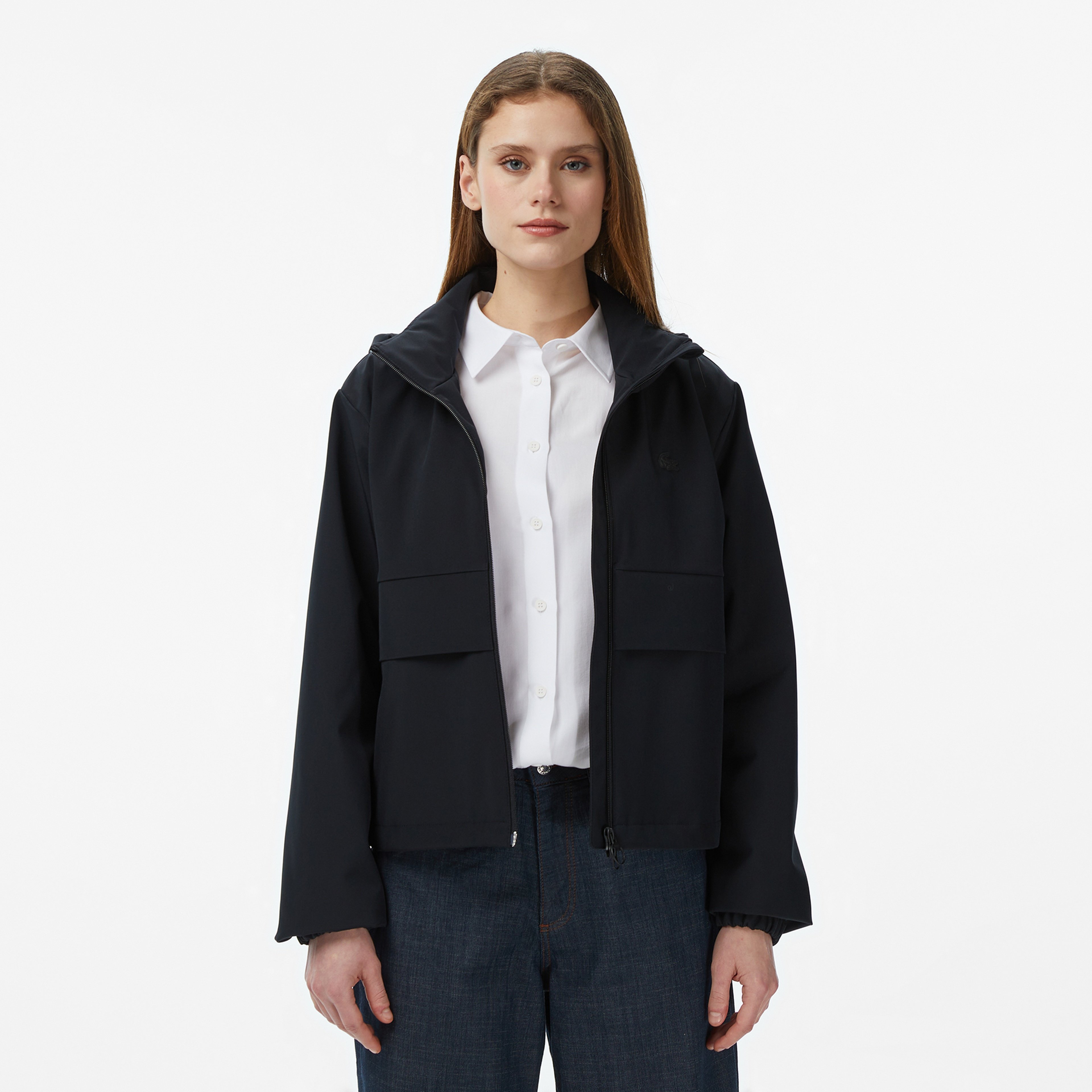 Kadın Regular Fit Kapüşonlu Baskılı Siyah Yağmurluk