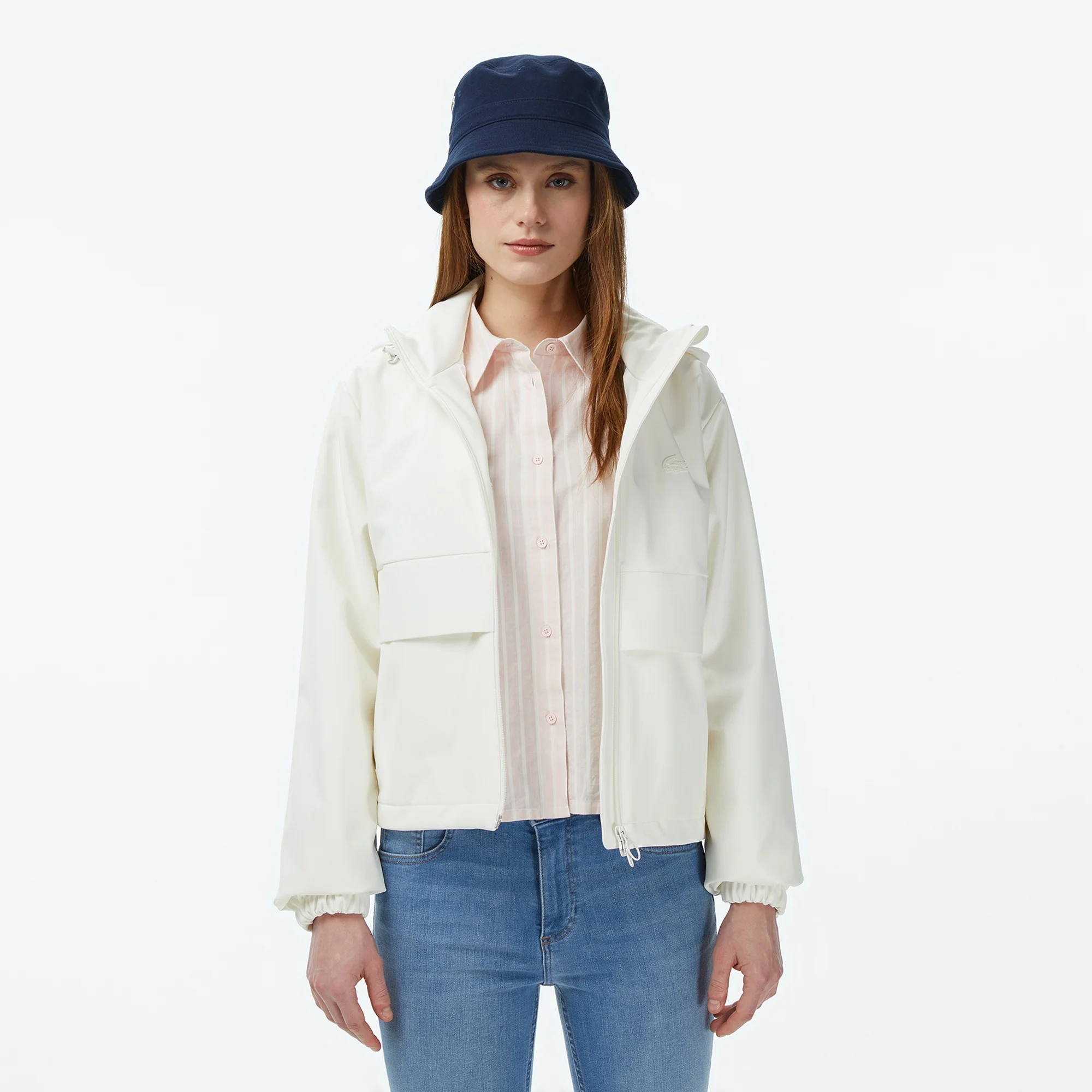 Kadın Regular Fit Kapüşonlu Baskılı Krem Yağmurluk