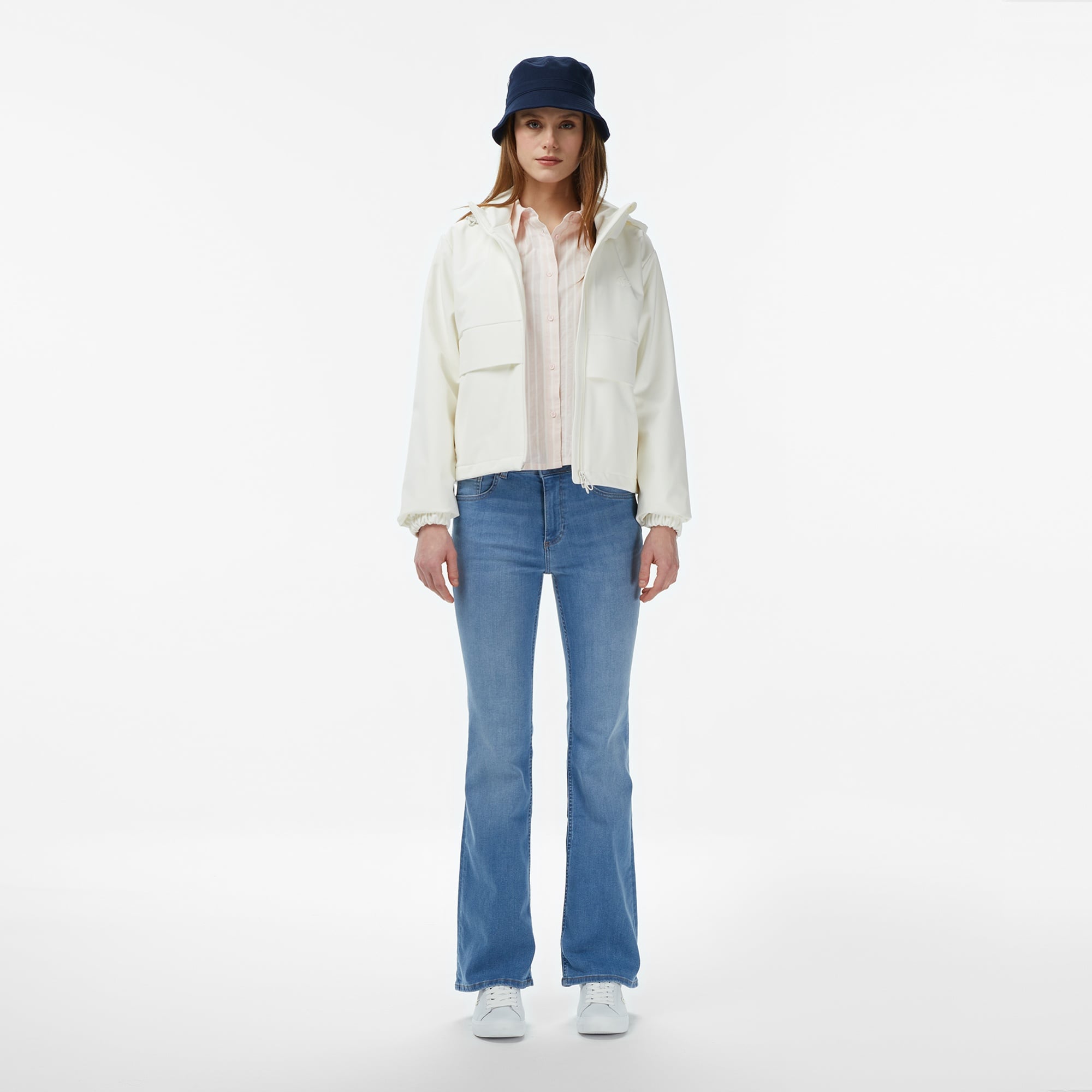 Kadın Regular Fit Kapüşonlu Baskılı Krem Yağmurluk