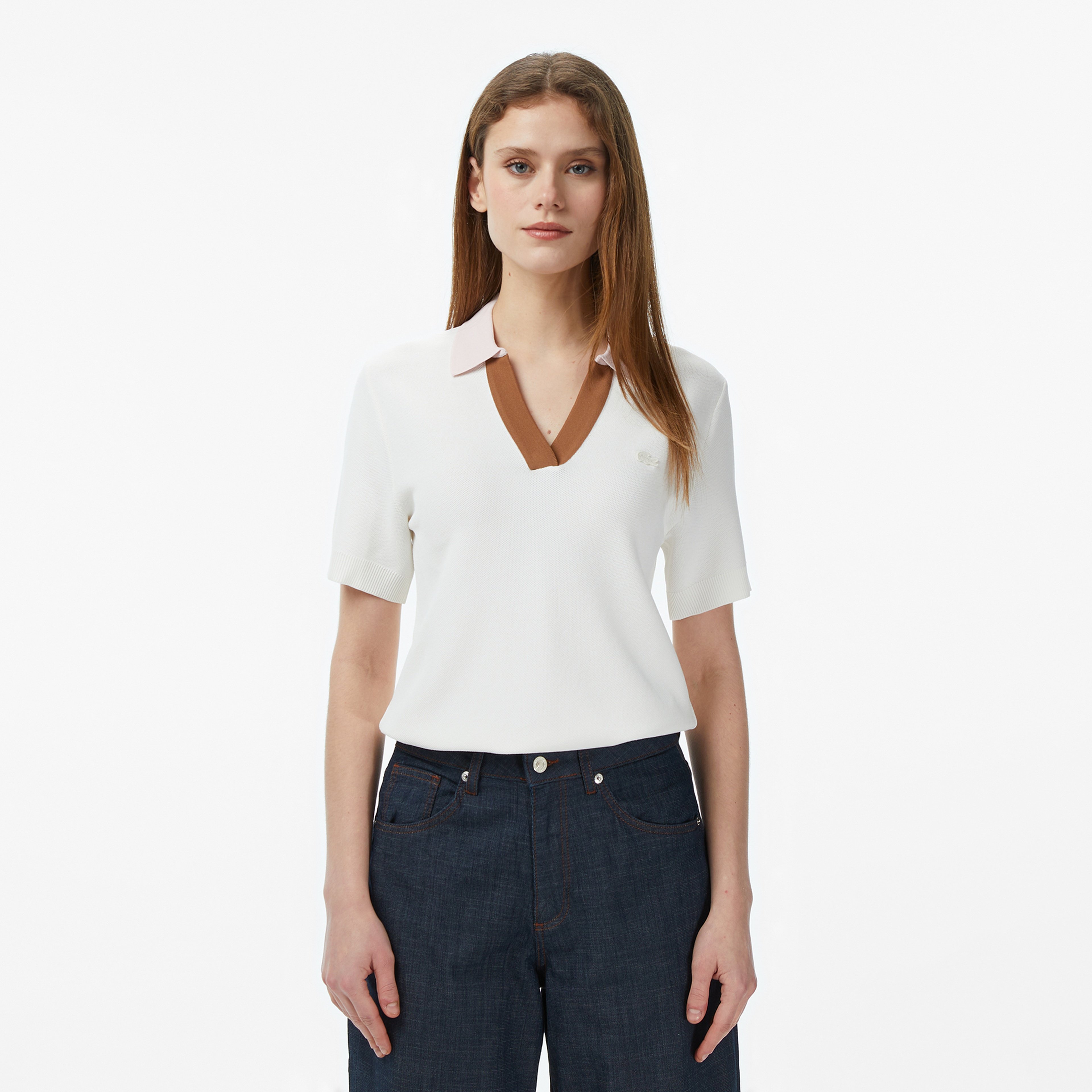 Kadın Regular Fit Kısa Kollu Polo Yaka Krem Triko