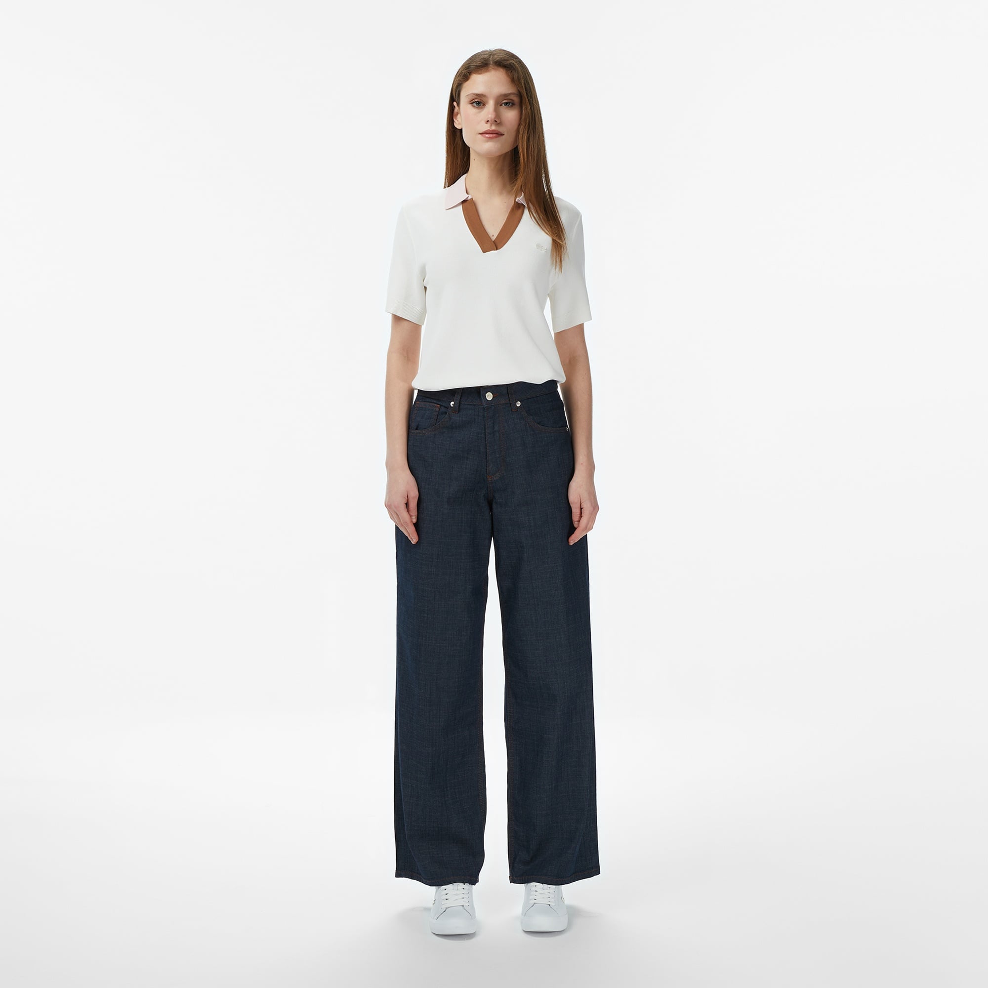 Kadın Regular Fit Kısa Kollu Polo Yaka Krem Triko