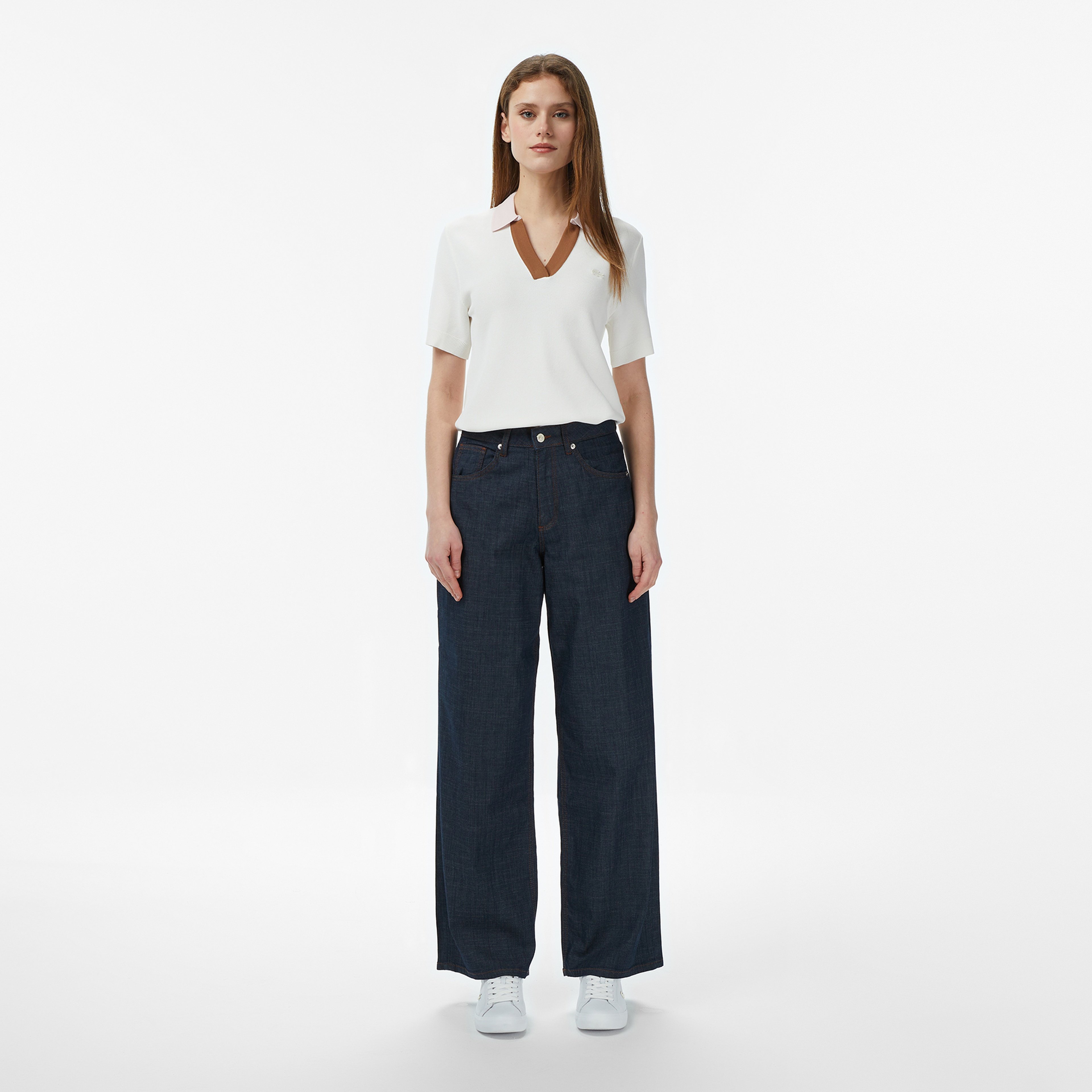 Kadın Regular Fit Kısa Kollu Polo Yaka Krem Triko