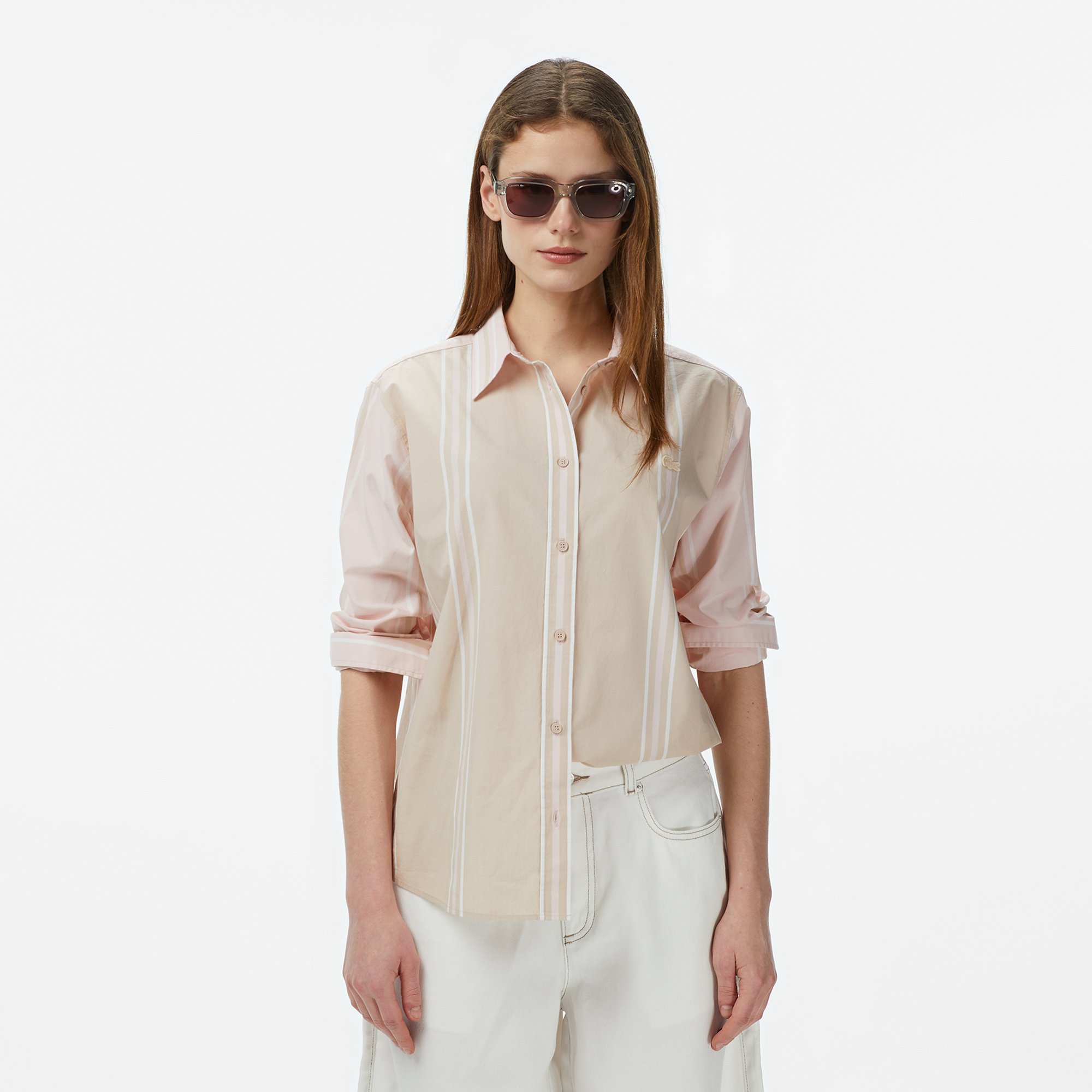 Lacoste Kadın Regular Fit Renk Bloklu Bej Gömlek görsel 6