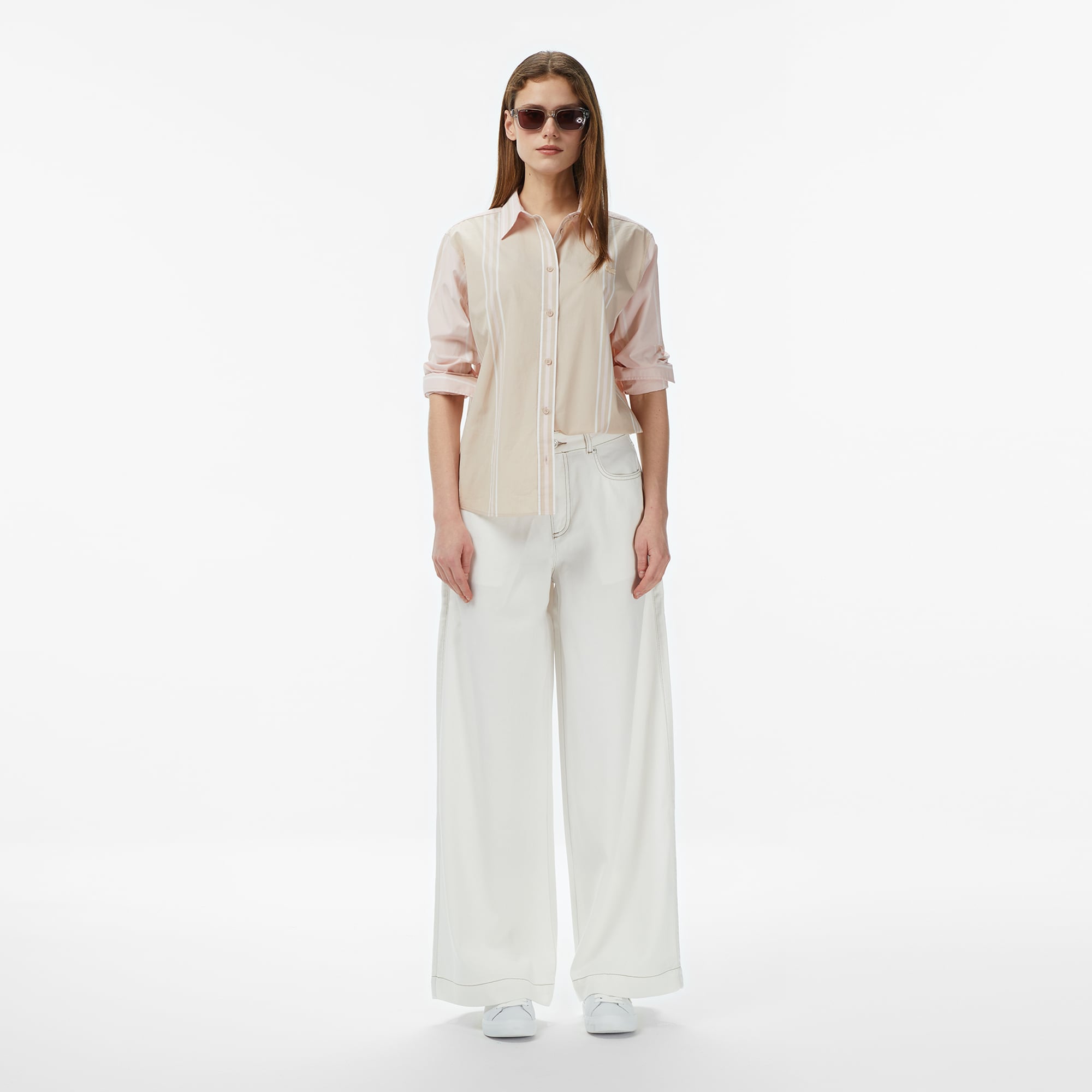 Lacoste Kadın Regular Fit Renk Bloklu Bej Gömlek