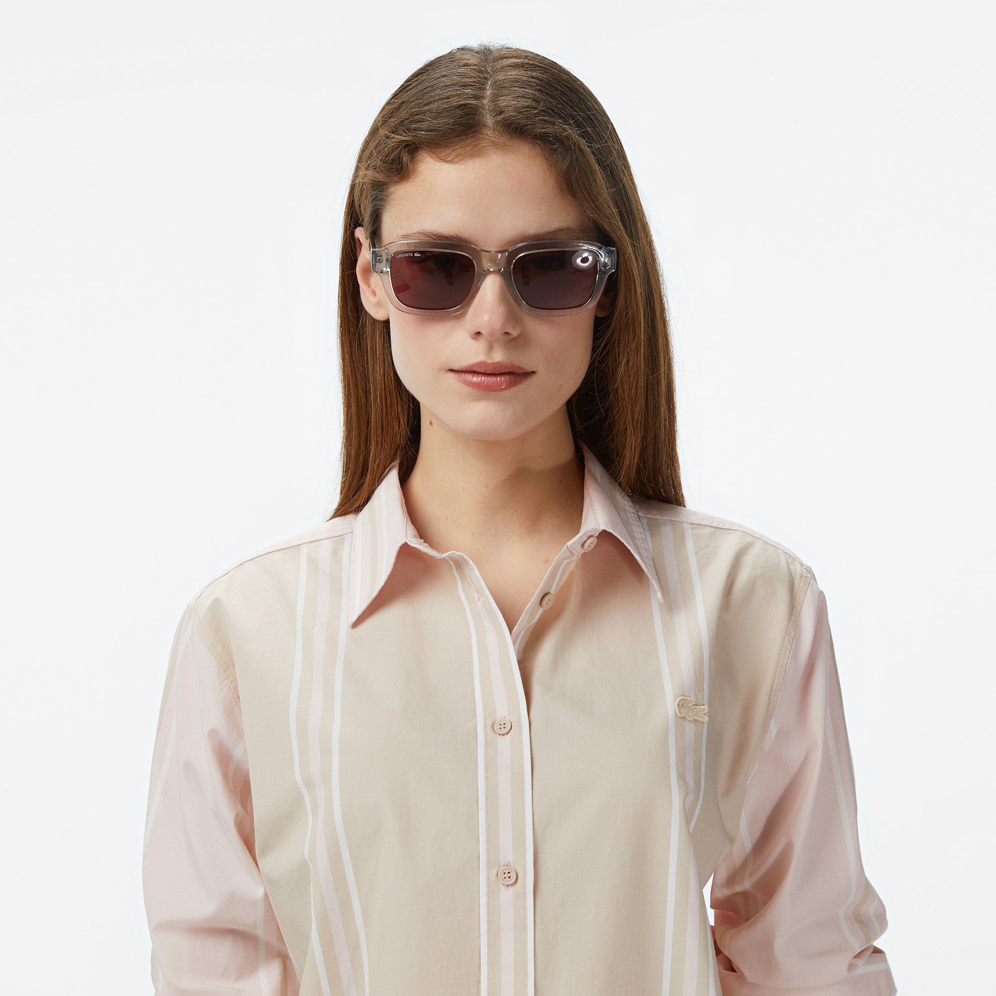Lacoste Kadın Regular Fit Renk Bloklu Bej Gömlek görsel 7