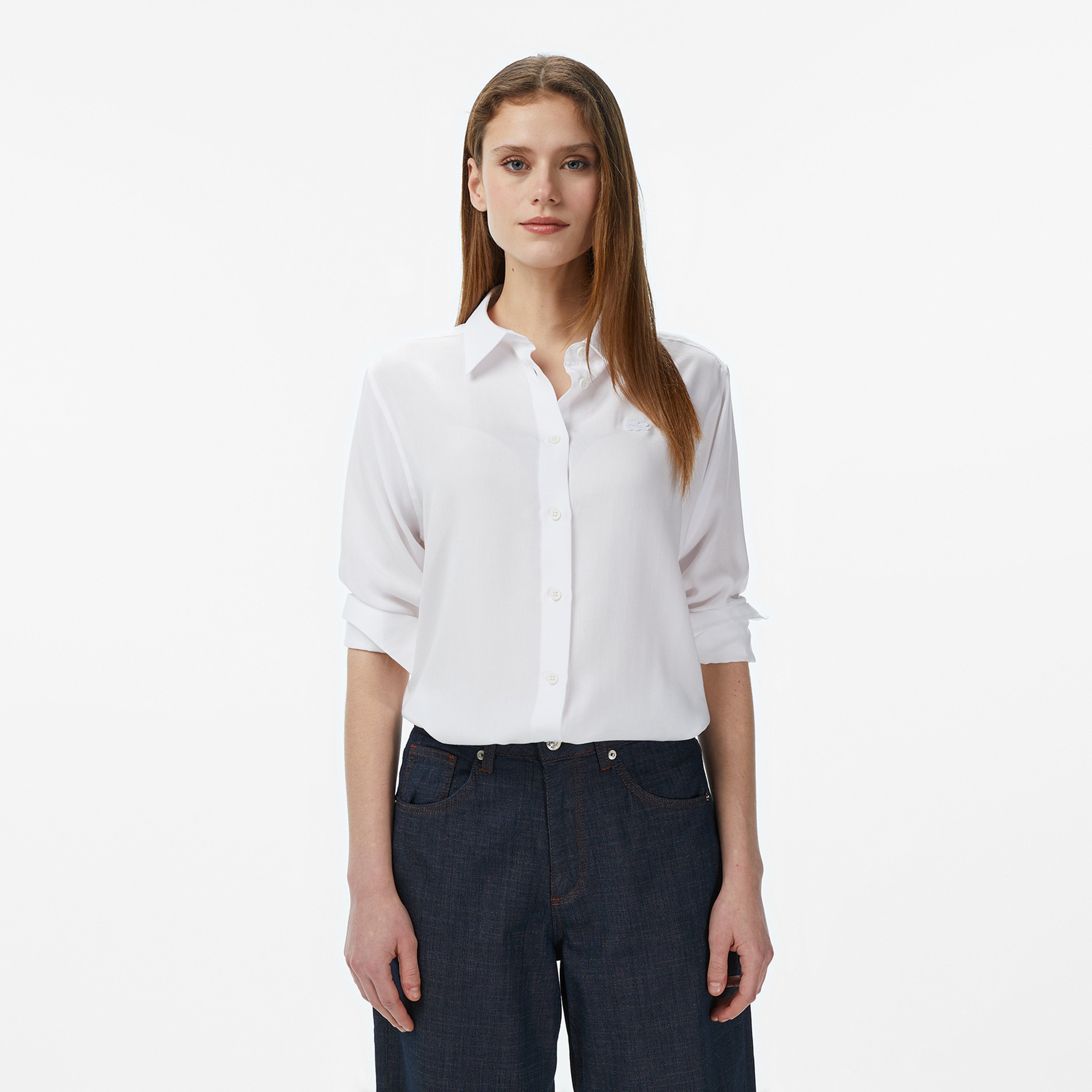 Kadın Slim Fit Düğmeli Yaka Beyaz Gömlek