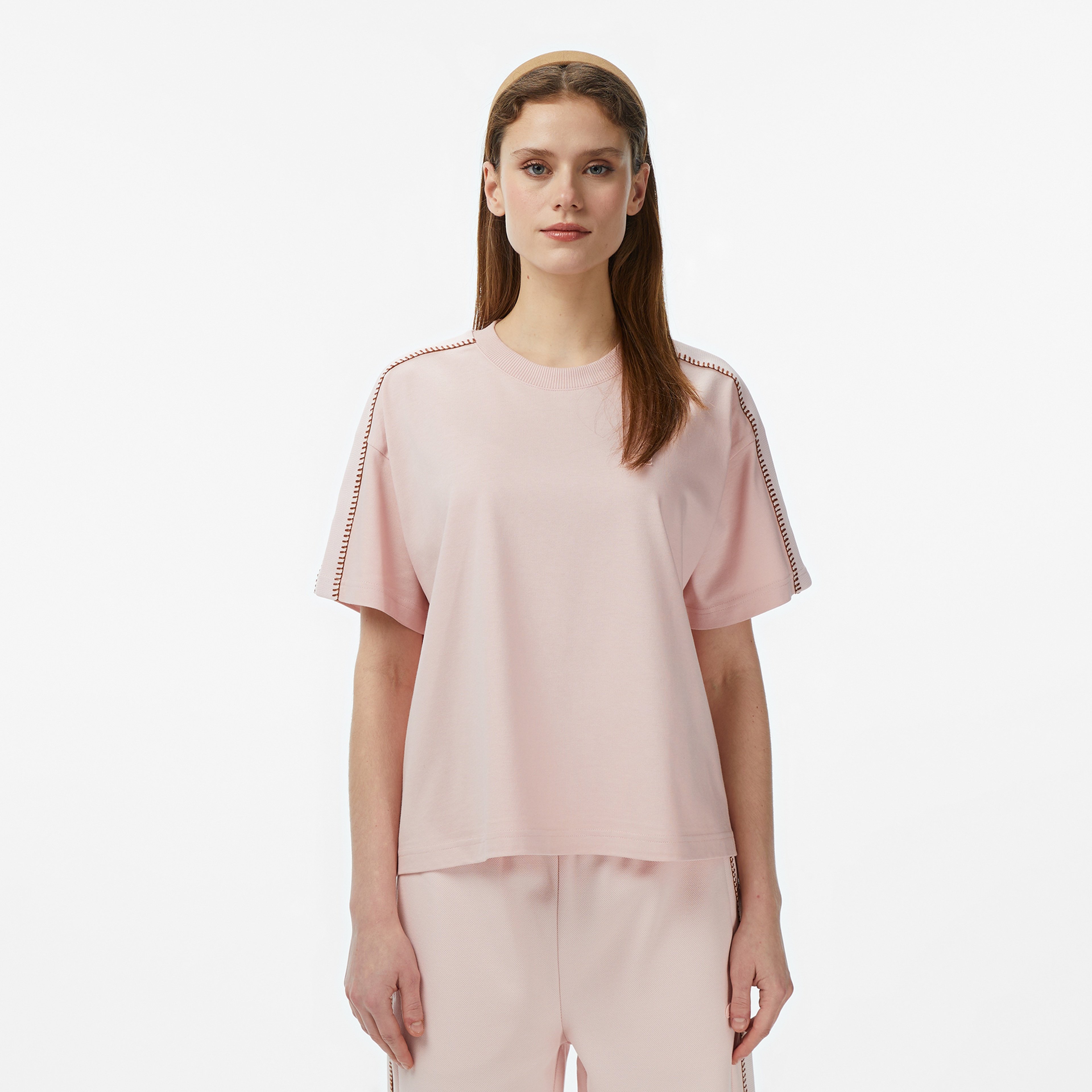 Kadın Loose Fit Bisiklet Yaka Açık Pembe T-Shirt