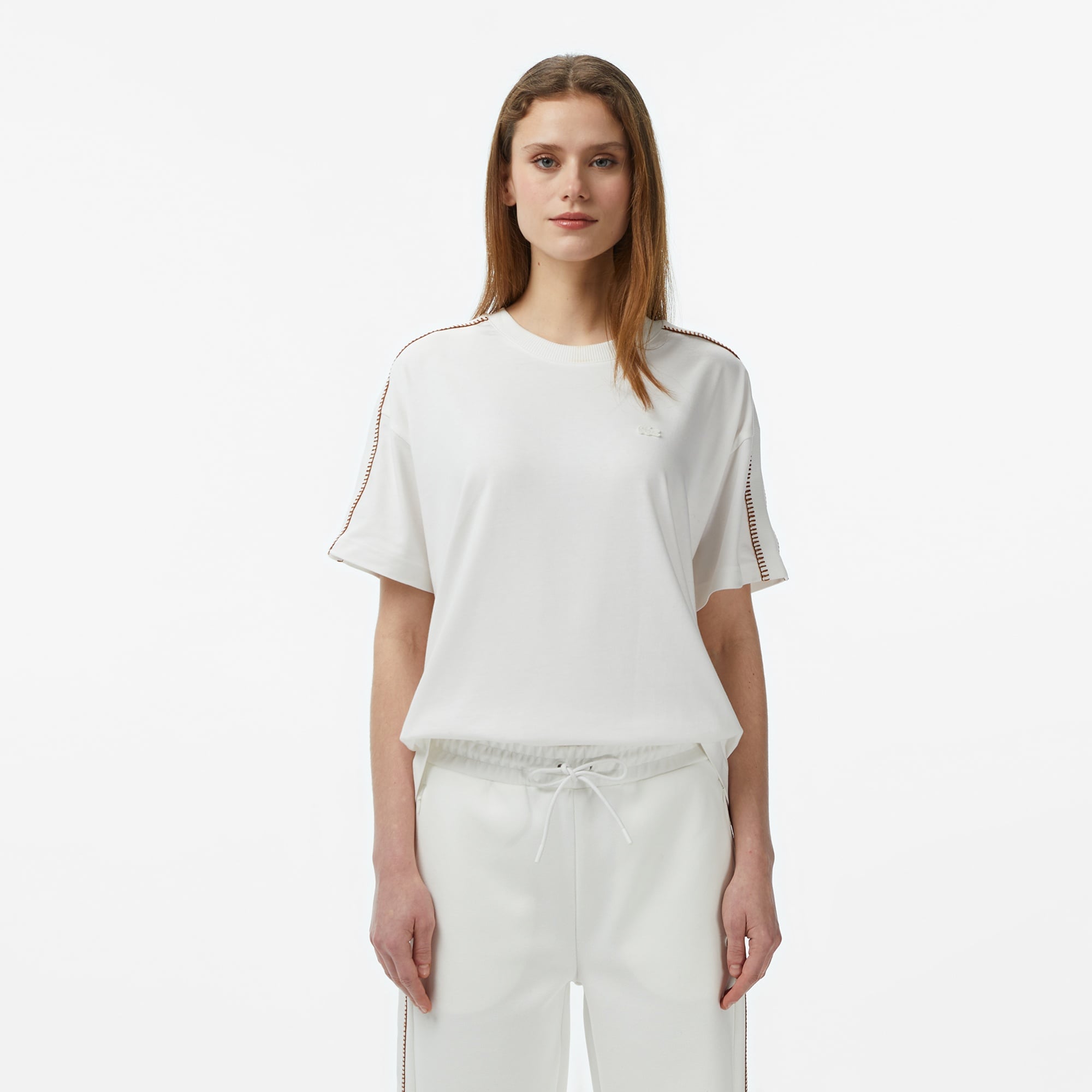 Kadın Loose Fit Bisiklet Yaka Krem T-Shirt